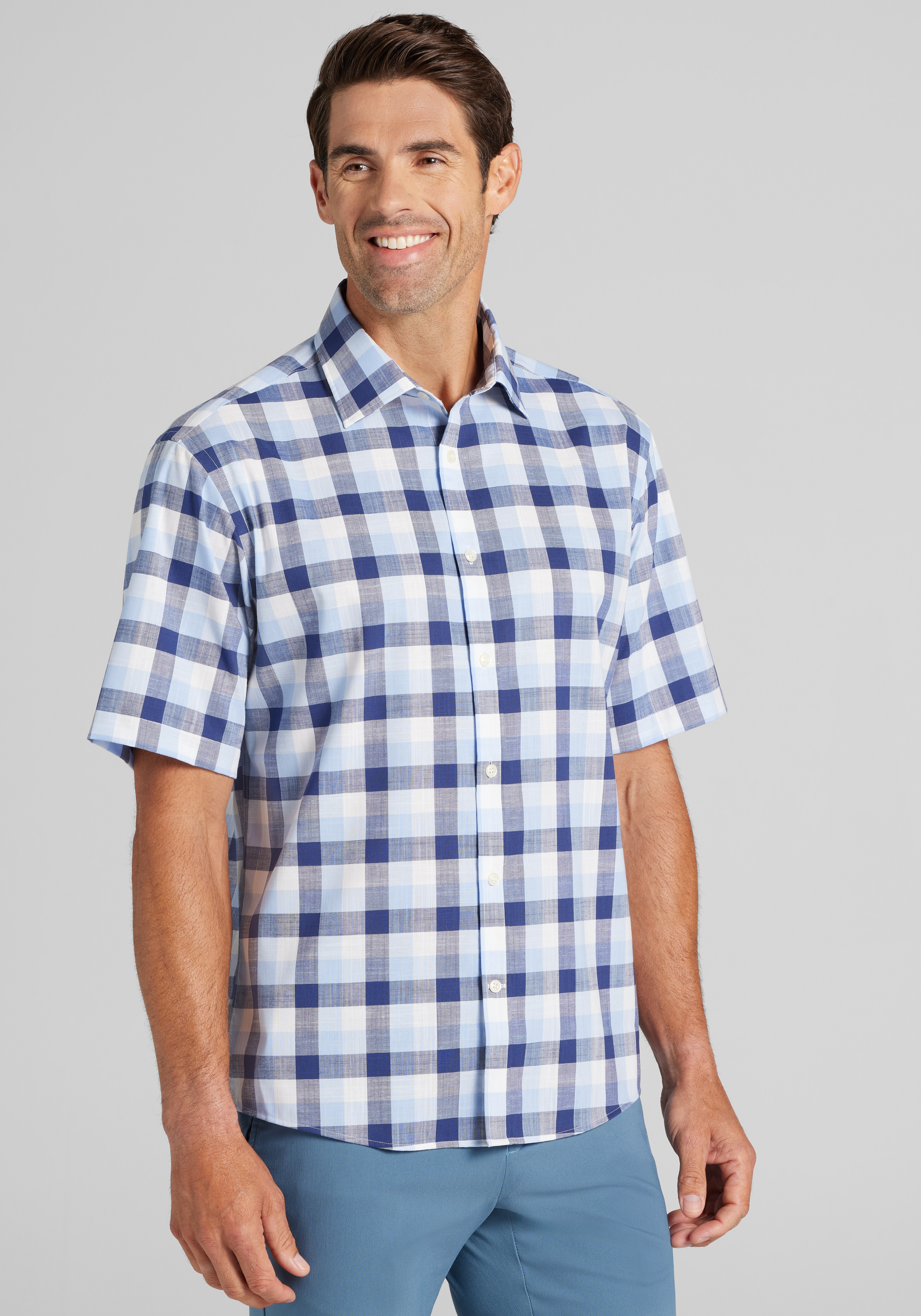 Jos. A. Bank Traditional Fit Grid Check Short Sleeve Button Up Shirt CLEARANCE
