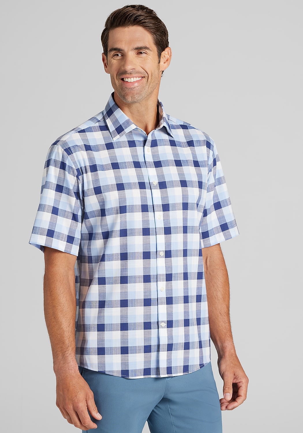 Jos. A. Bank Traditional Fit Grid Check Short Sleeve Sportshirt