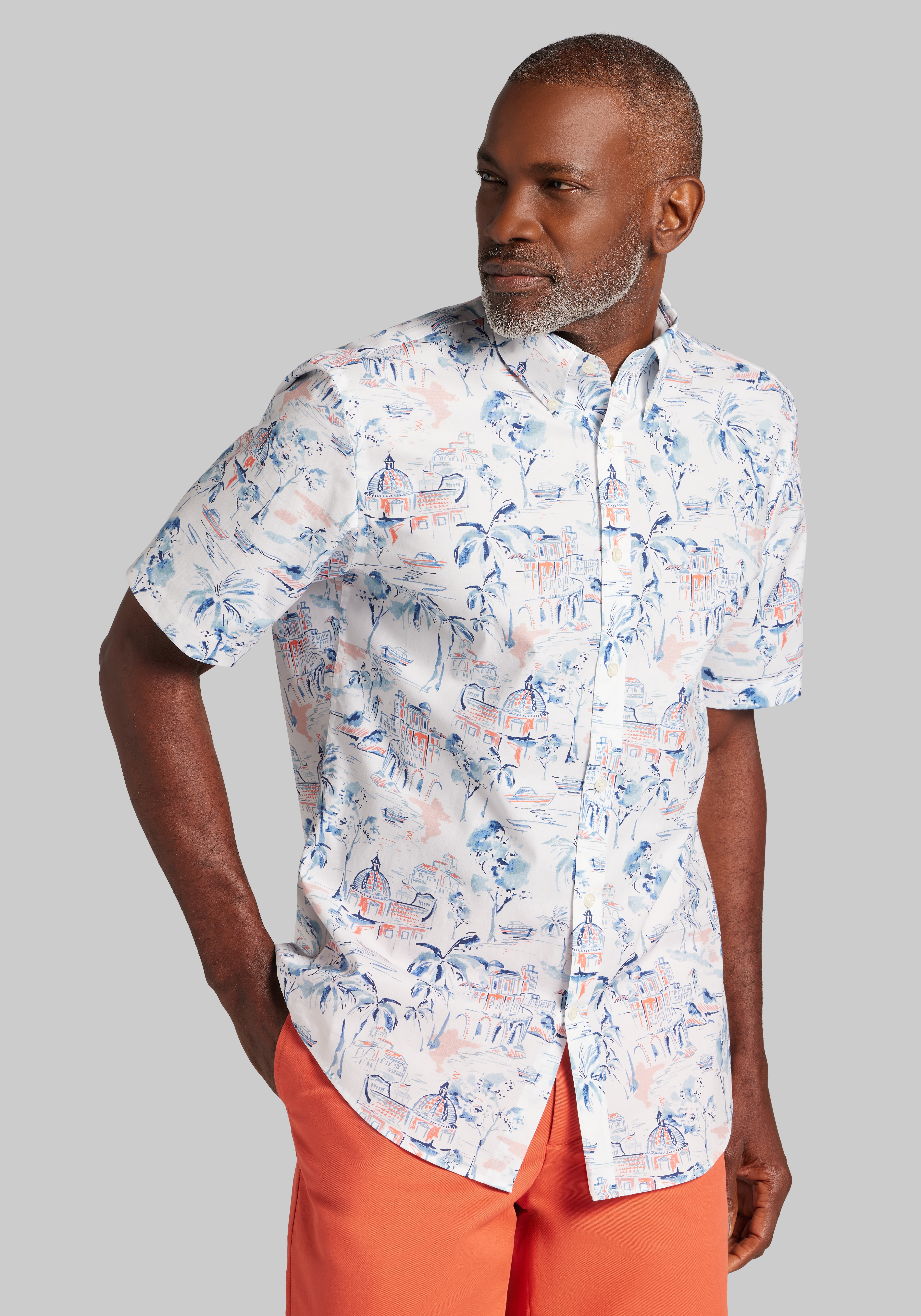 Men's Casual Tops, Jos. A. Bank Tailored Fit Mykonos Short Sleeve Sportshirt - Jos A Bank