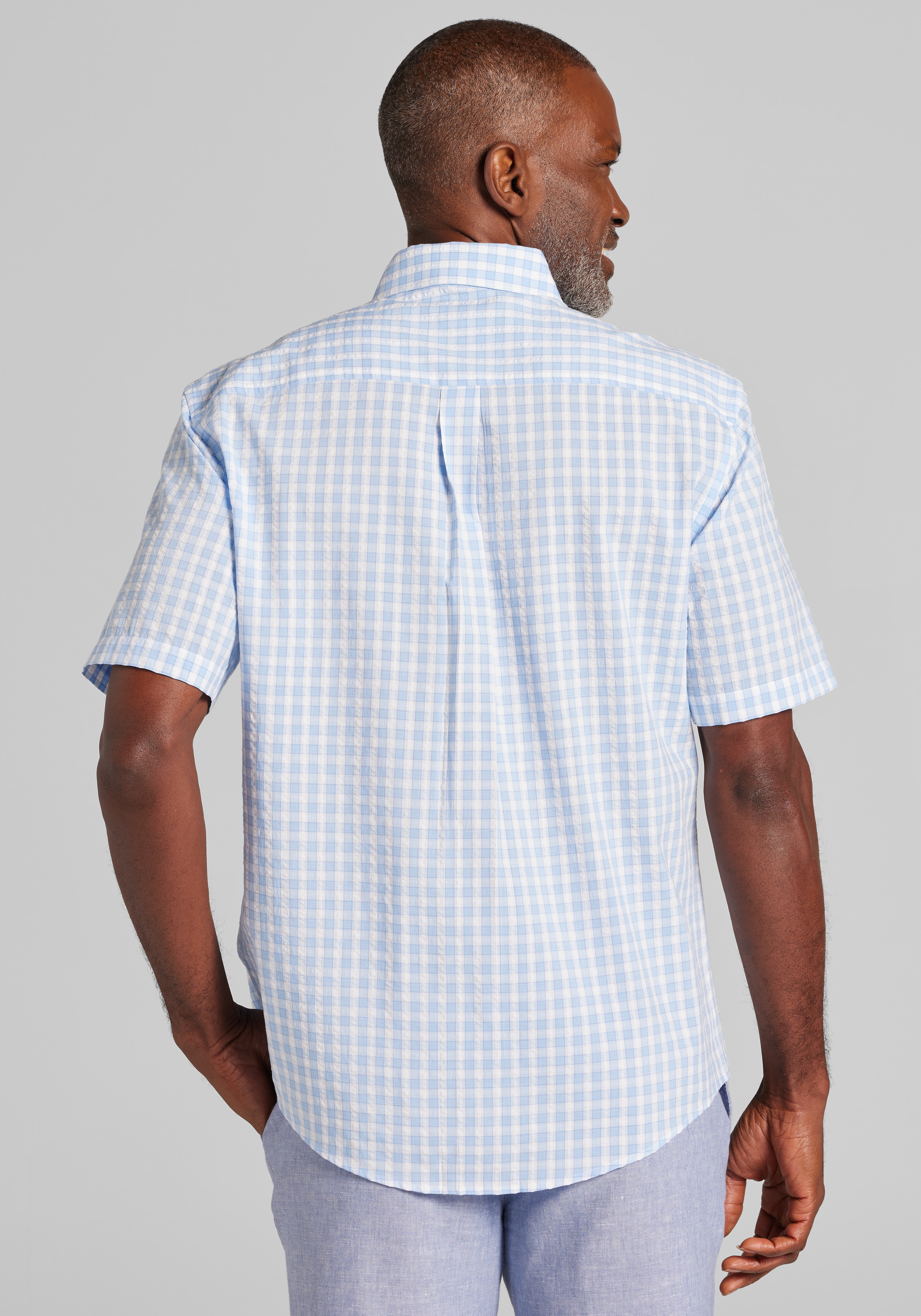 Jos. A. Bank Tailored Fit Buffalo Check Seersucker Short Sleeve Sportshirt