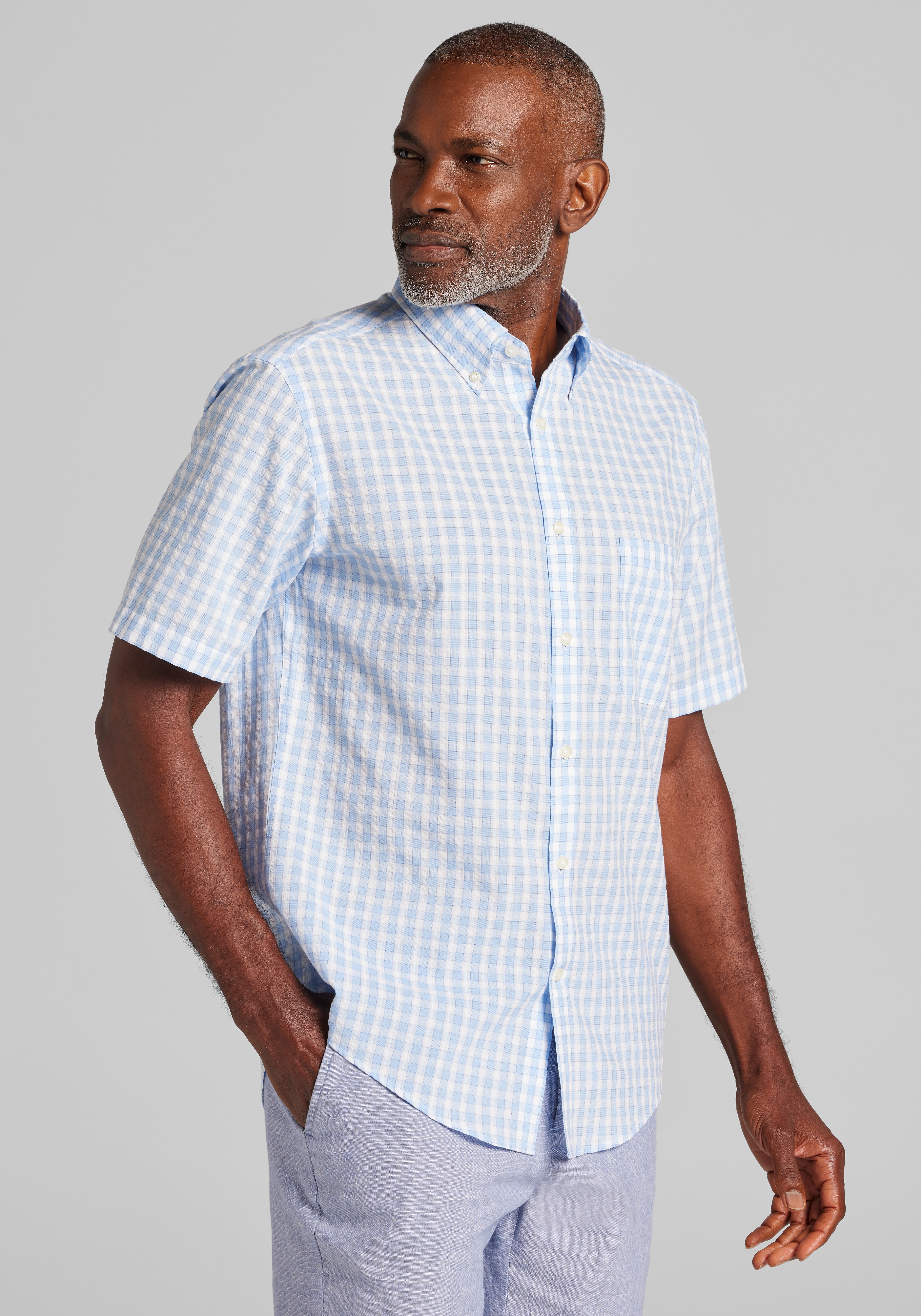 Men's New!, Jos. A. Bank Tailored Fit Buffalo Check Seersucker Short Sleeve Sportshirt - Jos A Bank