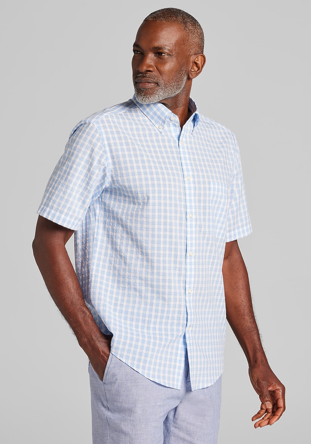 Jos. A. Bank Tailored Fit Buffalo Check Seersucker Short Sleeve Sportshirt