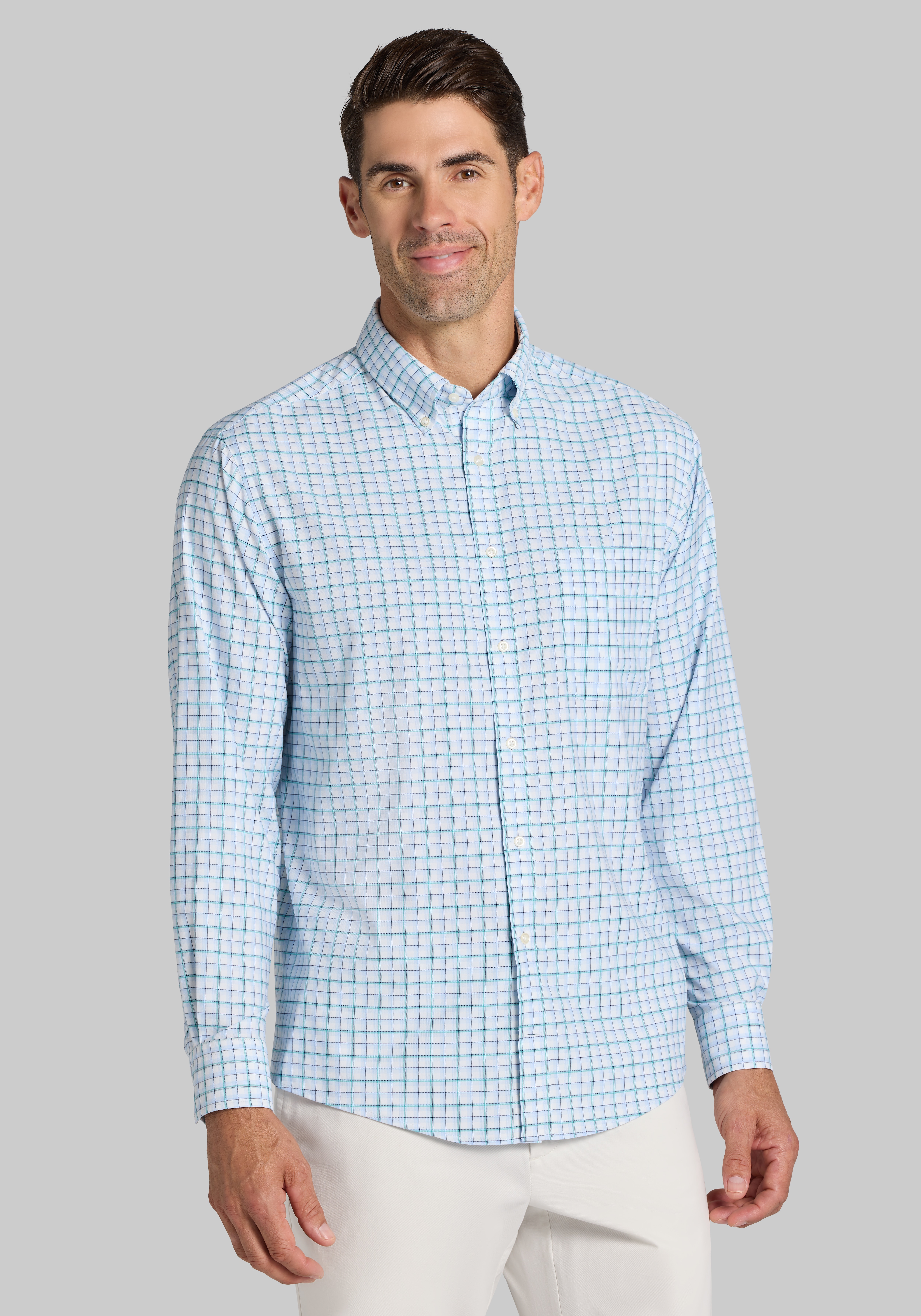 Men's Casual Tops, Traveler&reg; Performance Tailored Fit Medium Grid Sportshirt - Jos A Bank