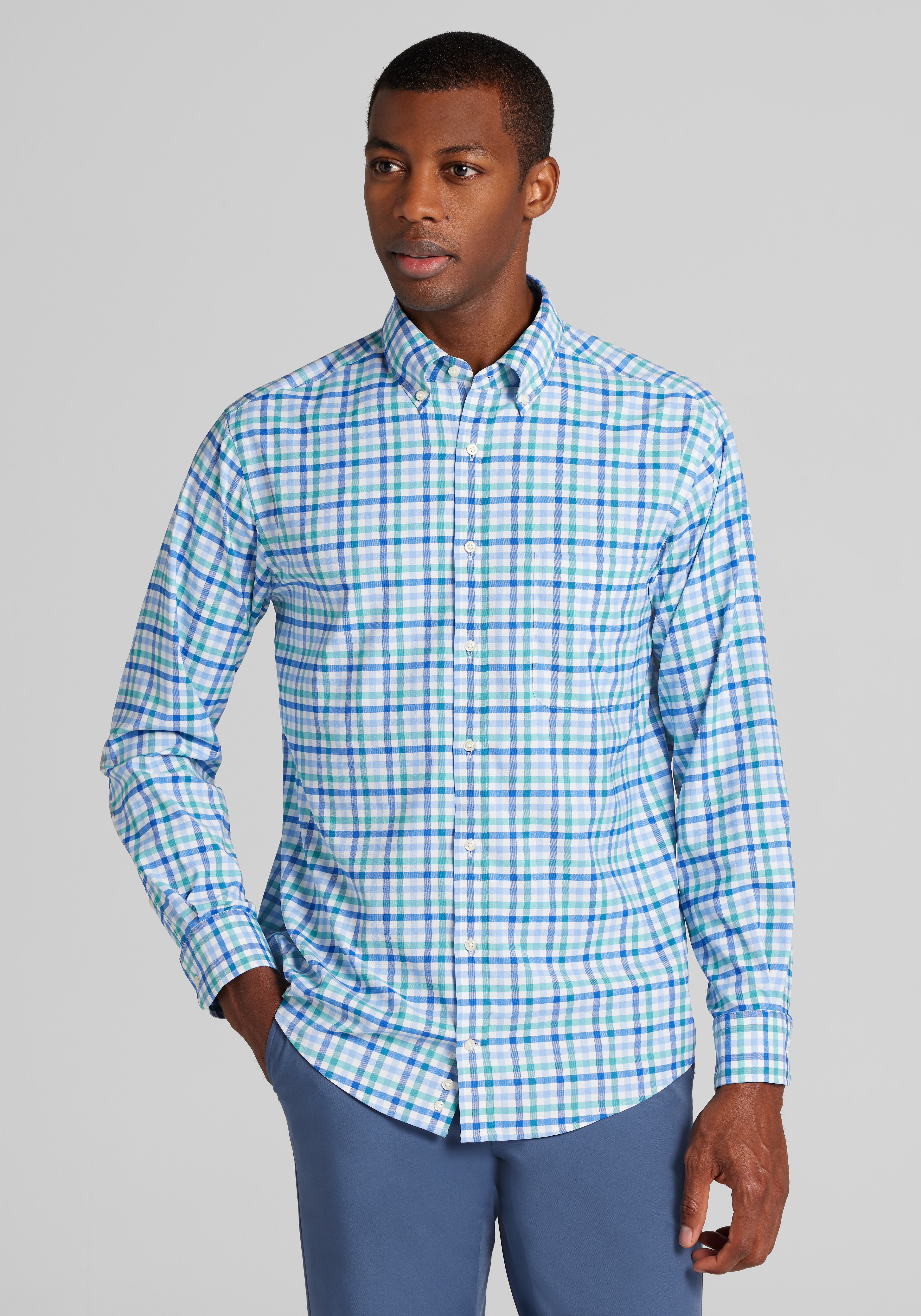 Men's New!, Traveler&reg; Performance Tailored Fit Plaid Sportshirt - Jos A Bank