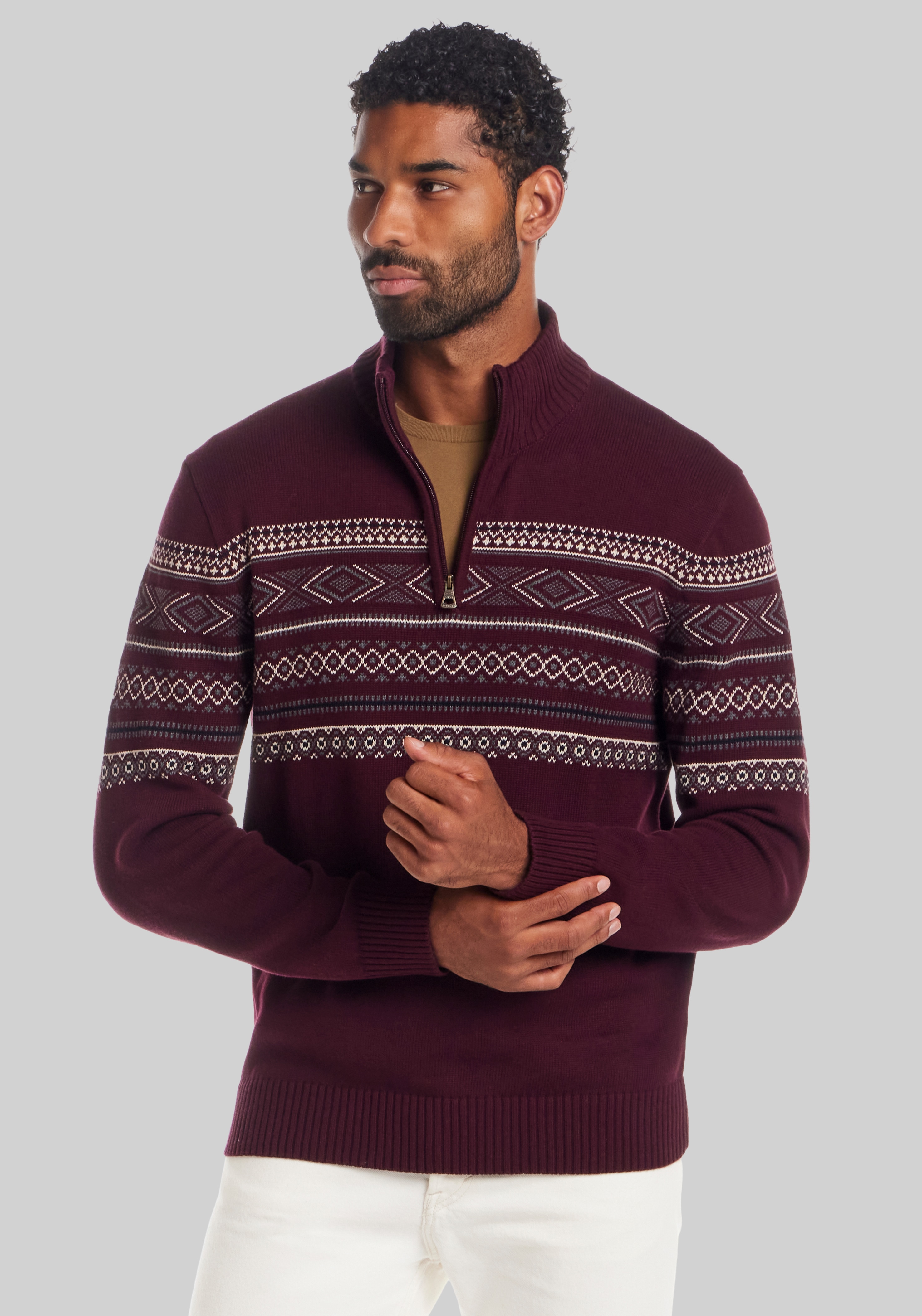 Men's Sweaters, Weatherproof Vintage Traditional Fit Pinpoint Fair Isle 1/4-Zip Sweater - Jos A Bank
