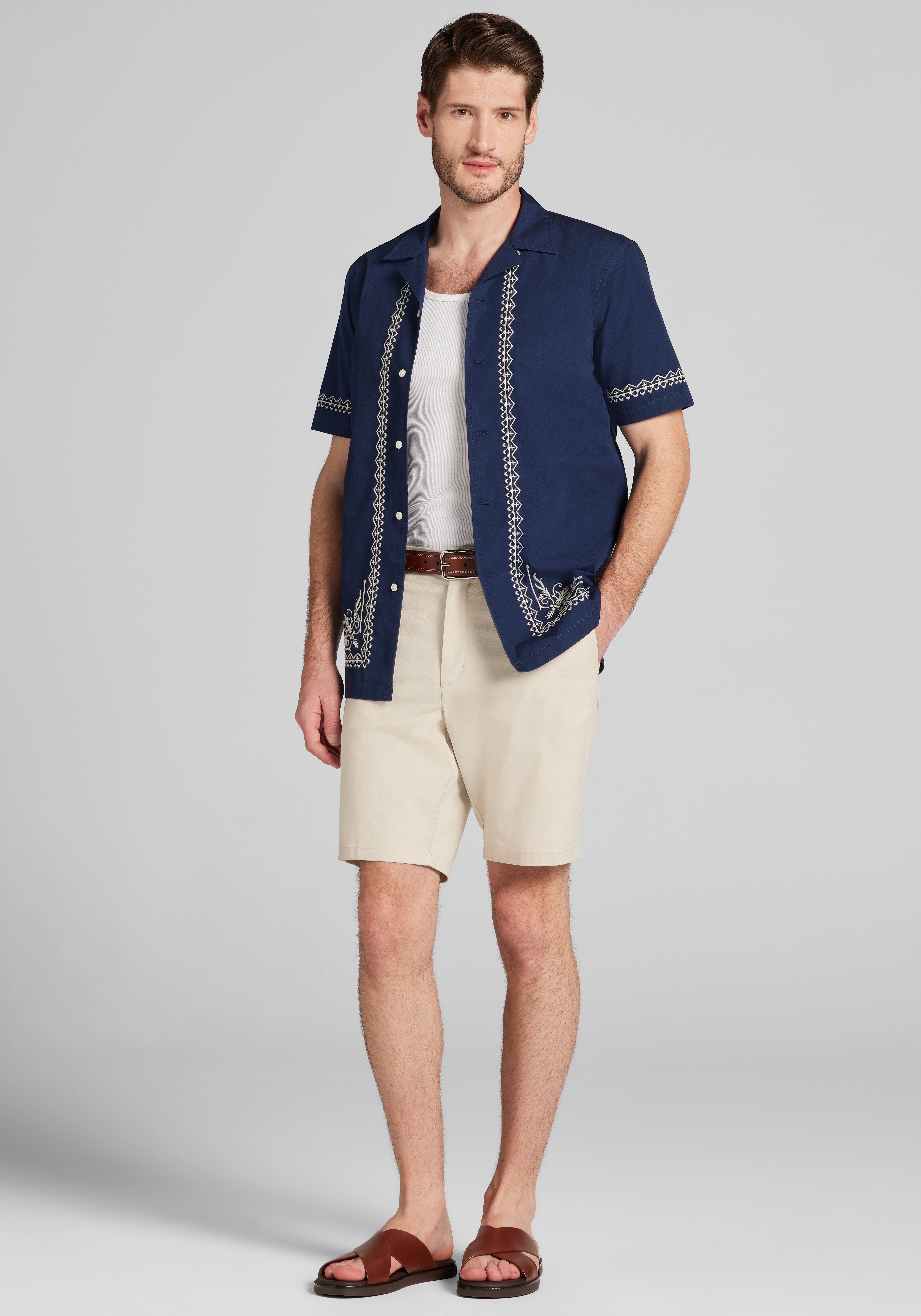 Jos. A. Bank Tailored Fit Border Embroidered Short Sleeve Button Up Shirt