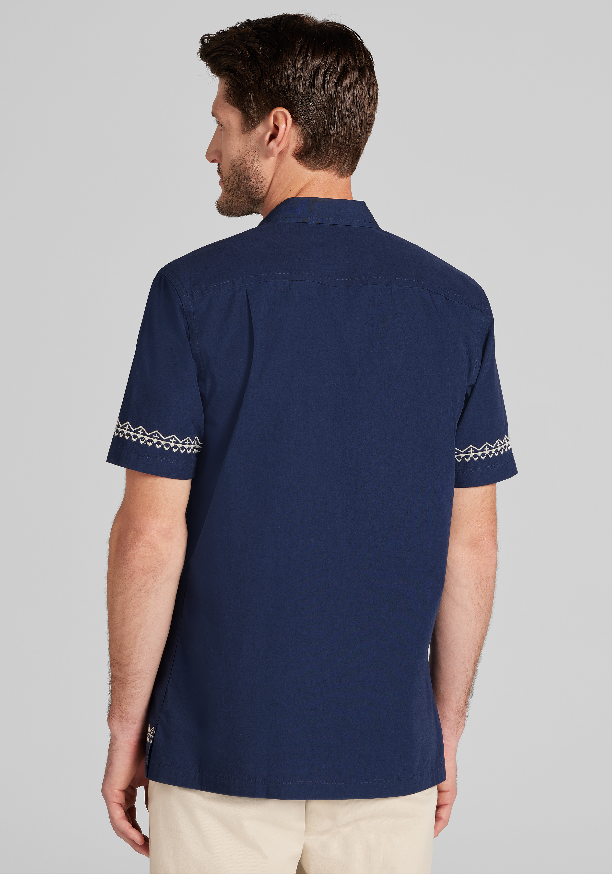 Jos. A. Bank Tailored Fit Border Embroidered Short Sleeve Button Up Shirt