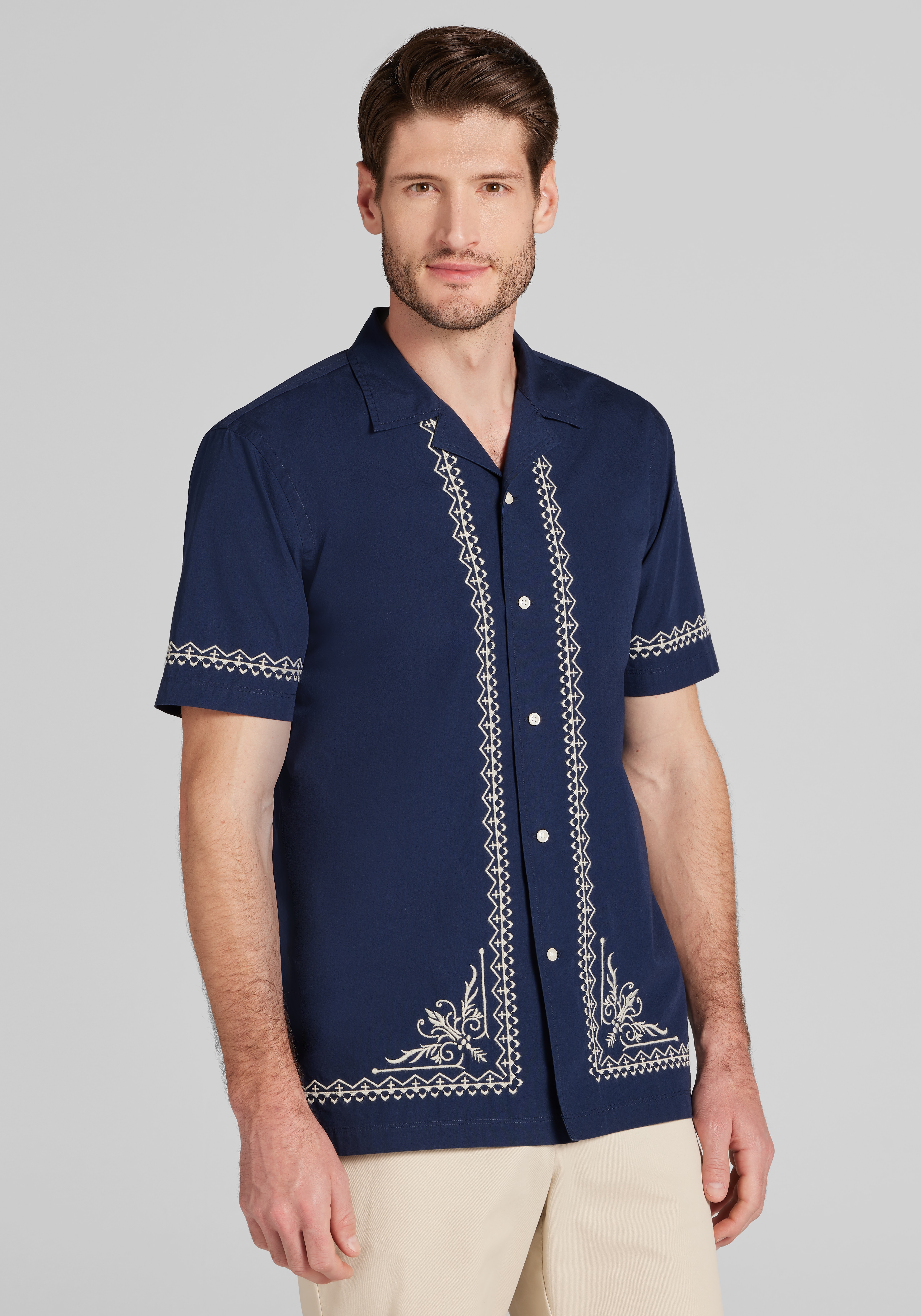 Men's New!, Jos. A. Bank Tailored Fit Border Embroidered Short Sleeve Sportshirt - Jos A Bank