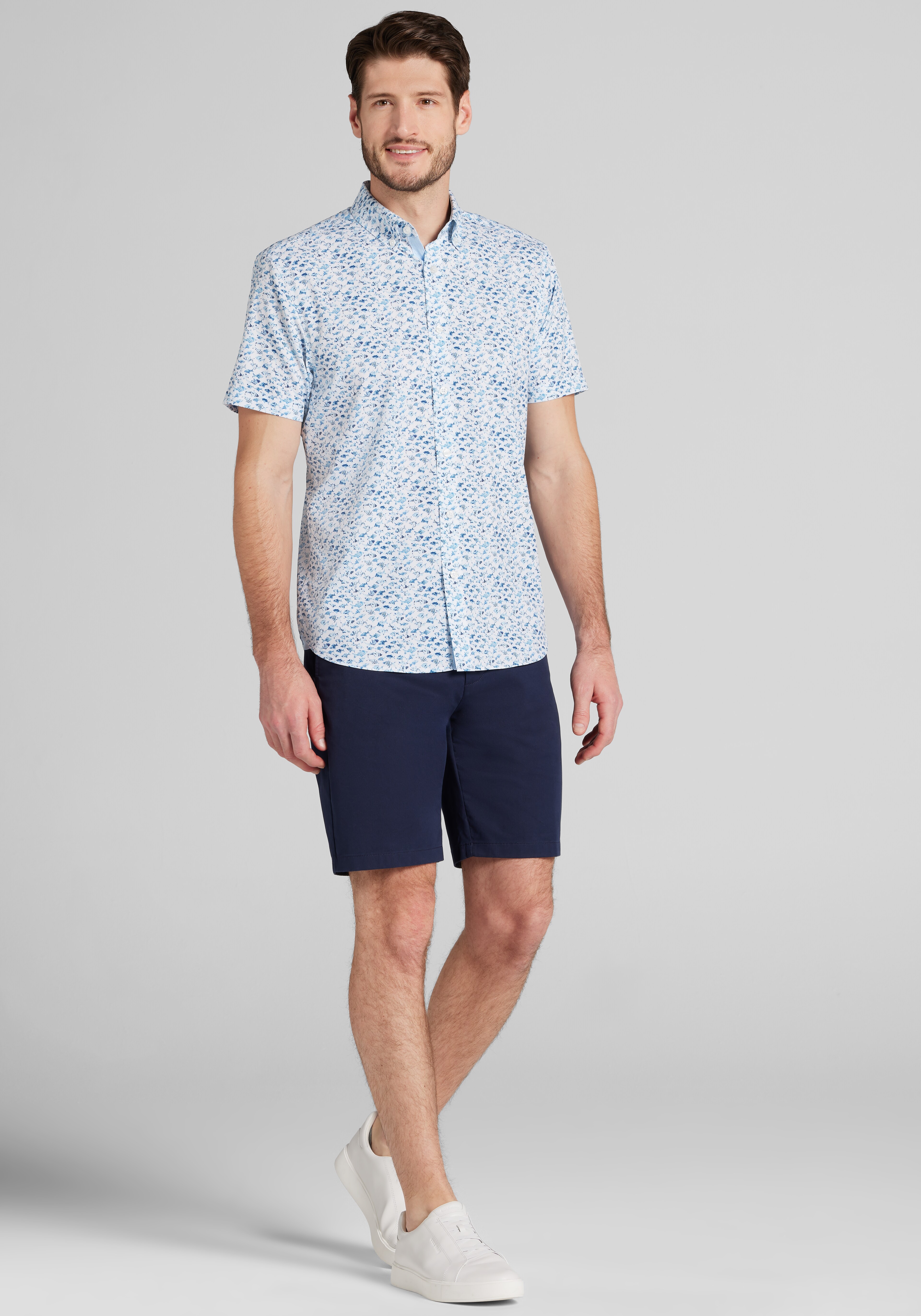 Con.Struct Slim Fit Fish 4-Way Stretch Short Sleeve Button Up Shirt CLEARANCE