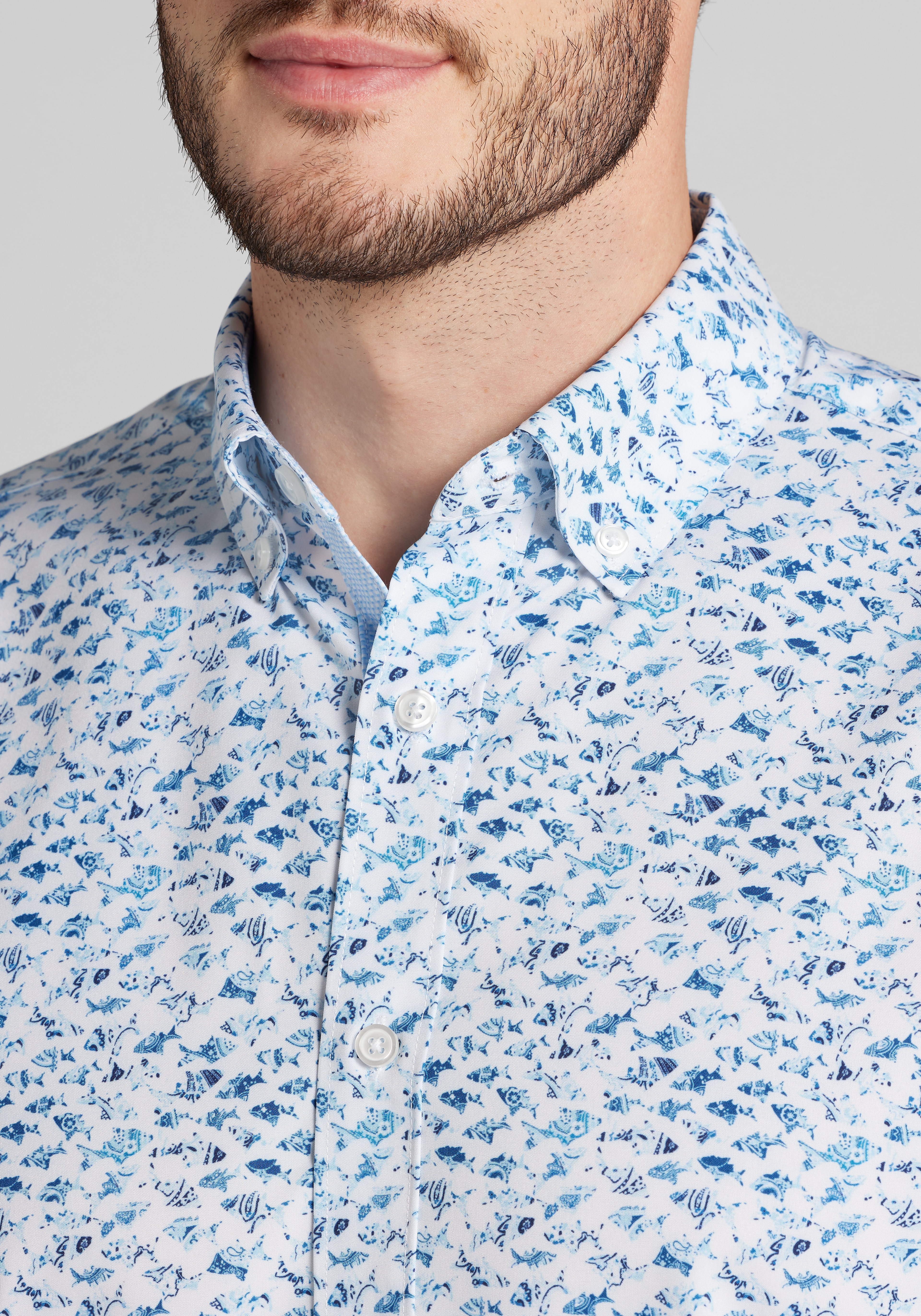 Con.Struct Slim Fit Fish 4-Way Stretch Short Sleeve Button Up Shirt CLEARANCE