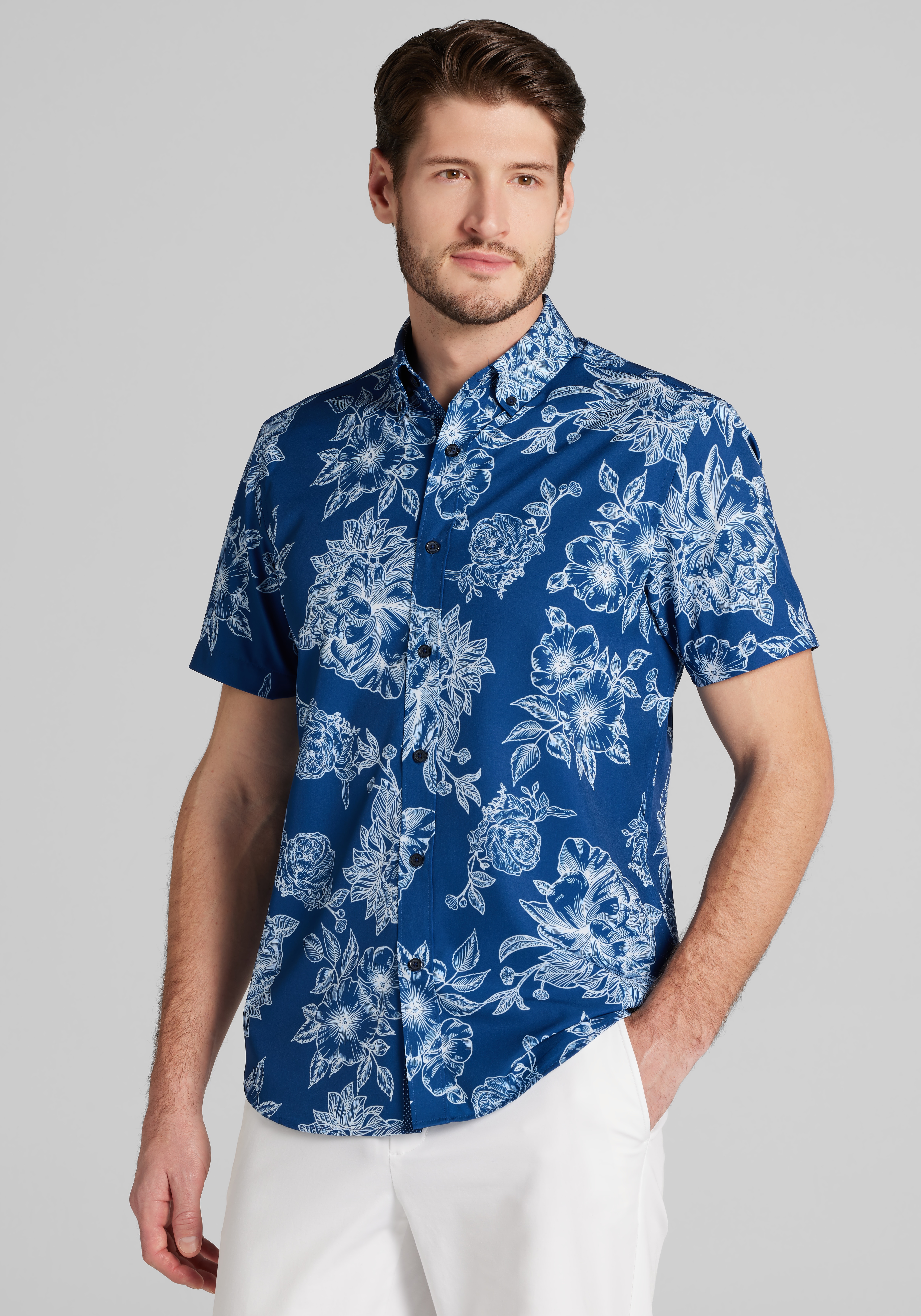 Men's New!, Con.Struct Slim Fit Kauai Floral 4-Way Stretch Short-Sleeve Sportshirt - Jos A Bank
