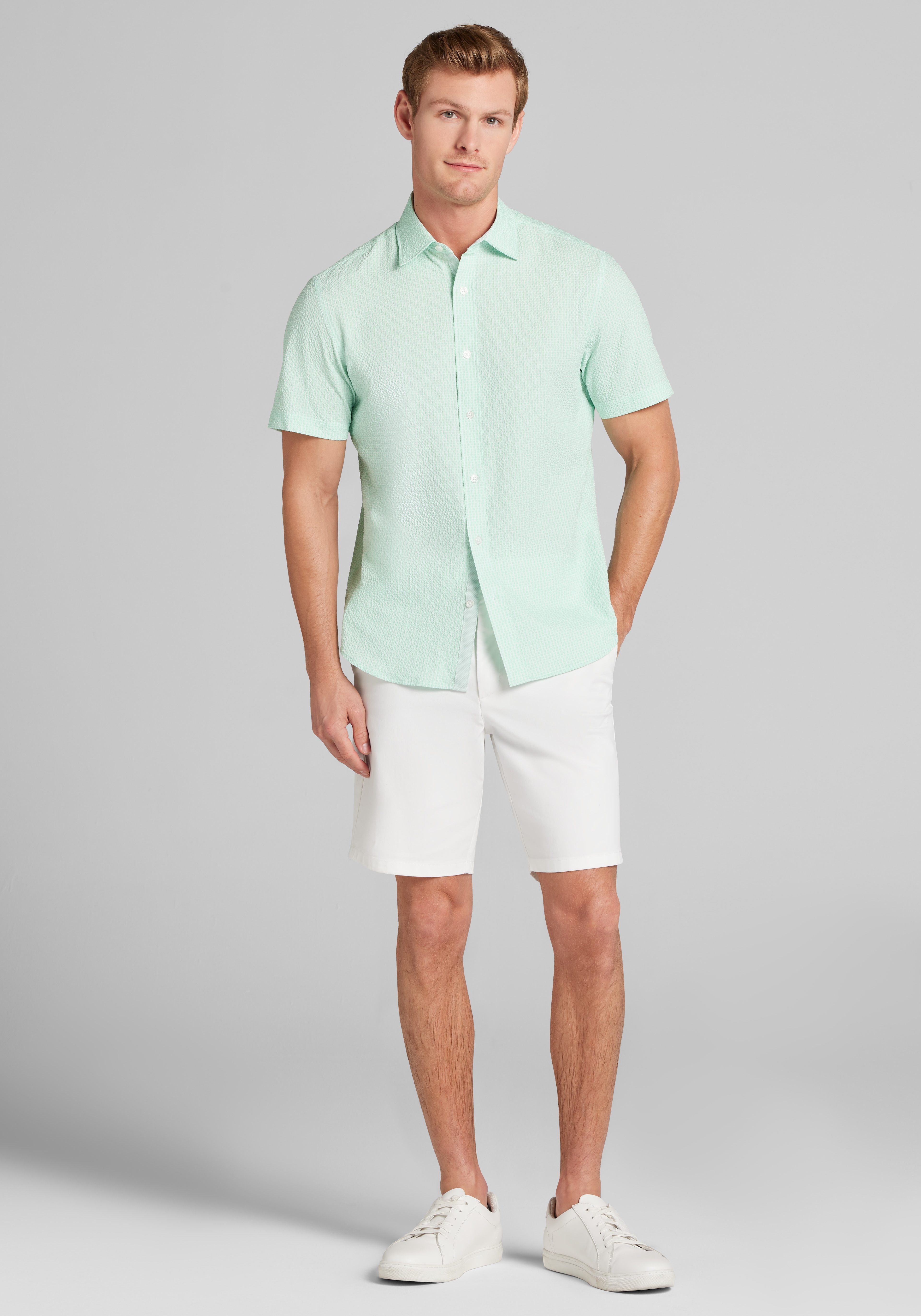 Con.Struct Slim Fit Solid Seersucker Short Sleeve Button Up Shirt CLEARANCE
