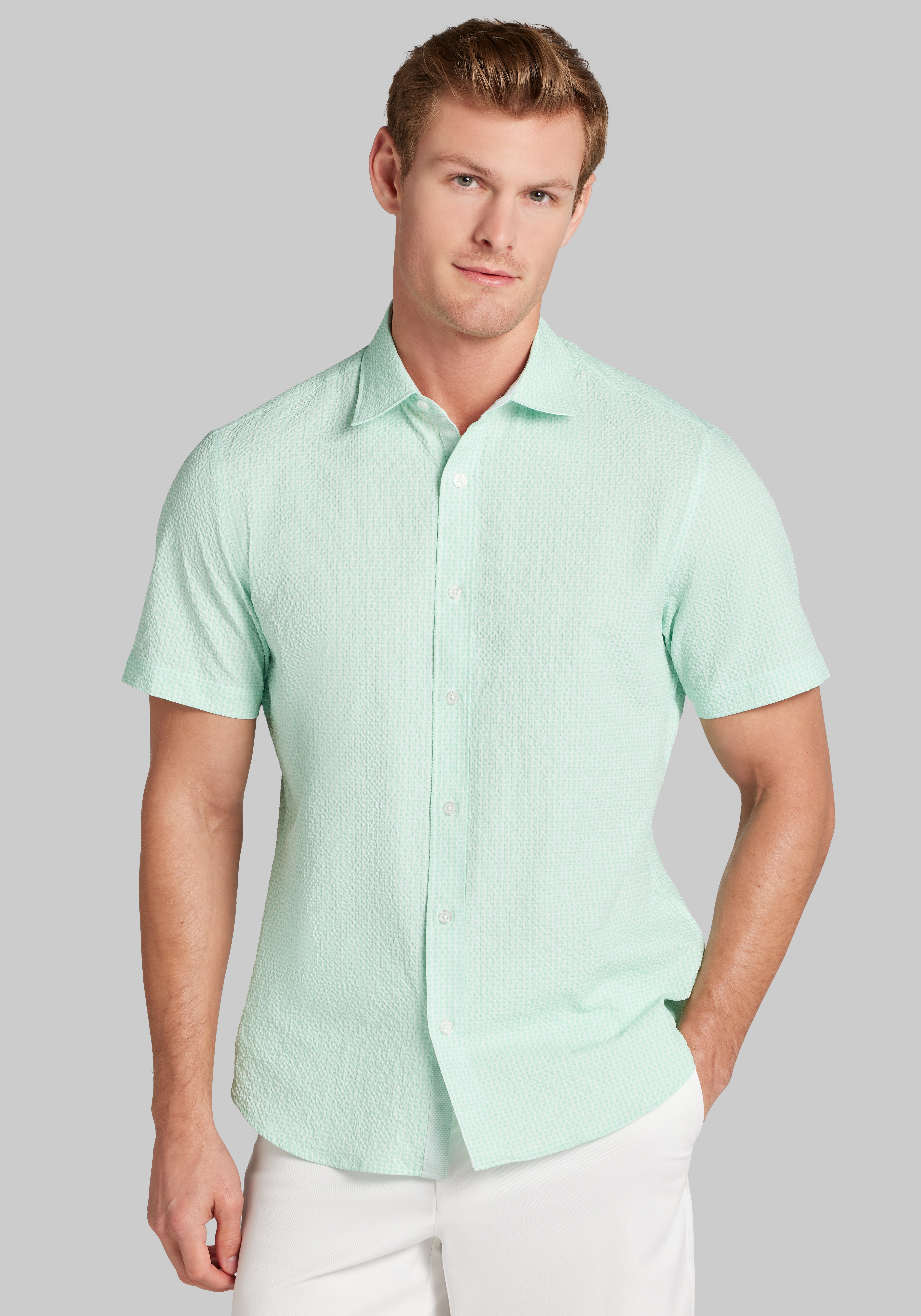 Men's Casual Tops, Con.Struct Slim Fit Solid Seersucker Short Sleeve Sportshirt - Jos A Bank