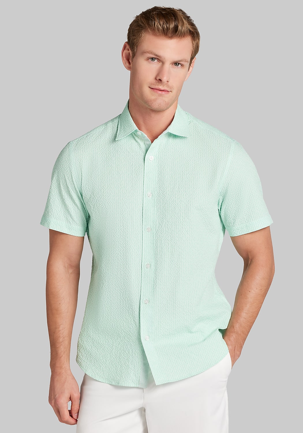 Con.Struct Slim Fit Solid Seersucker Short Sleeve Sportshirt