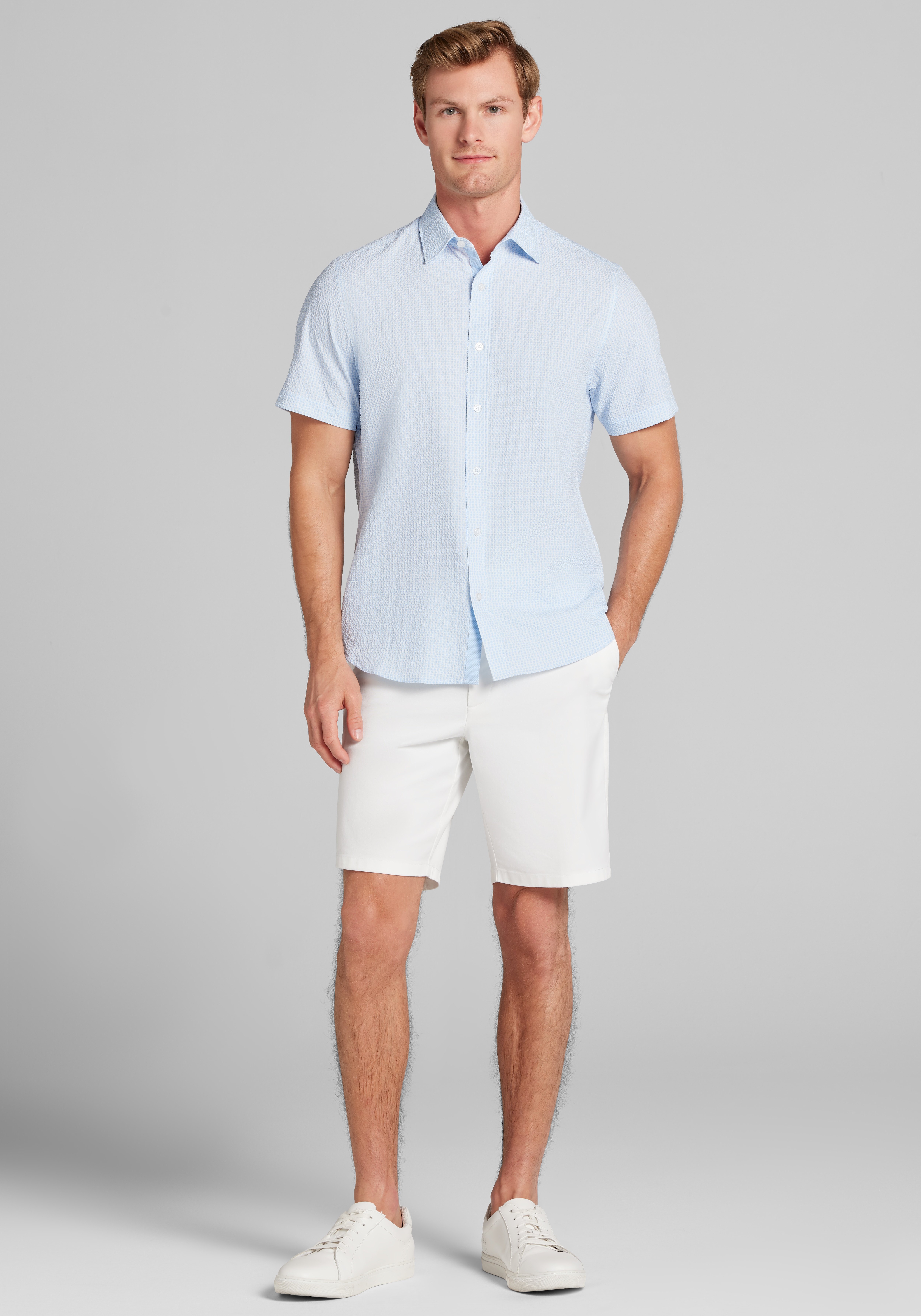 Con.Struct Slim Fit Solid Seersucker Short Sleeve Button Up Shirt