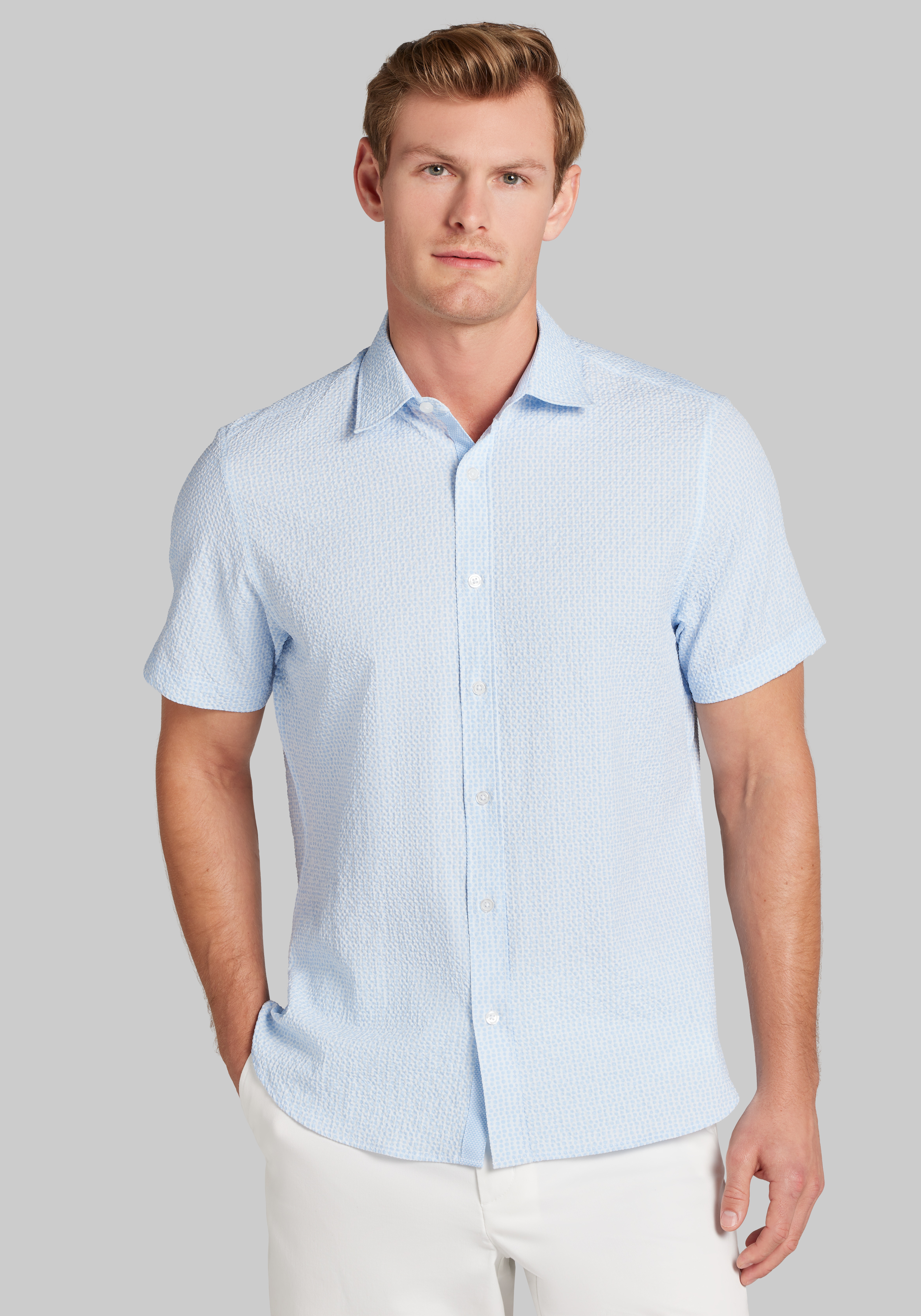 Men's New!, Con.Struct Slim Fit Solid Seersucker Short Sleeve Sportshirt - Jos A Bank