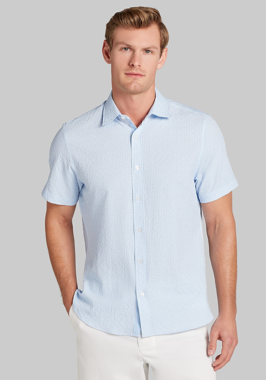 Con.Struct Slim Fit Solid Seersucker Short Sleeve Sportshirt