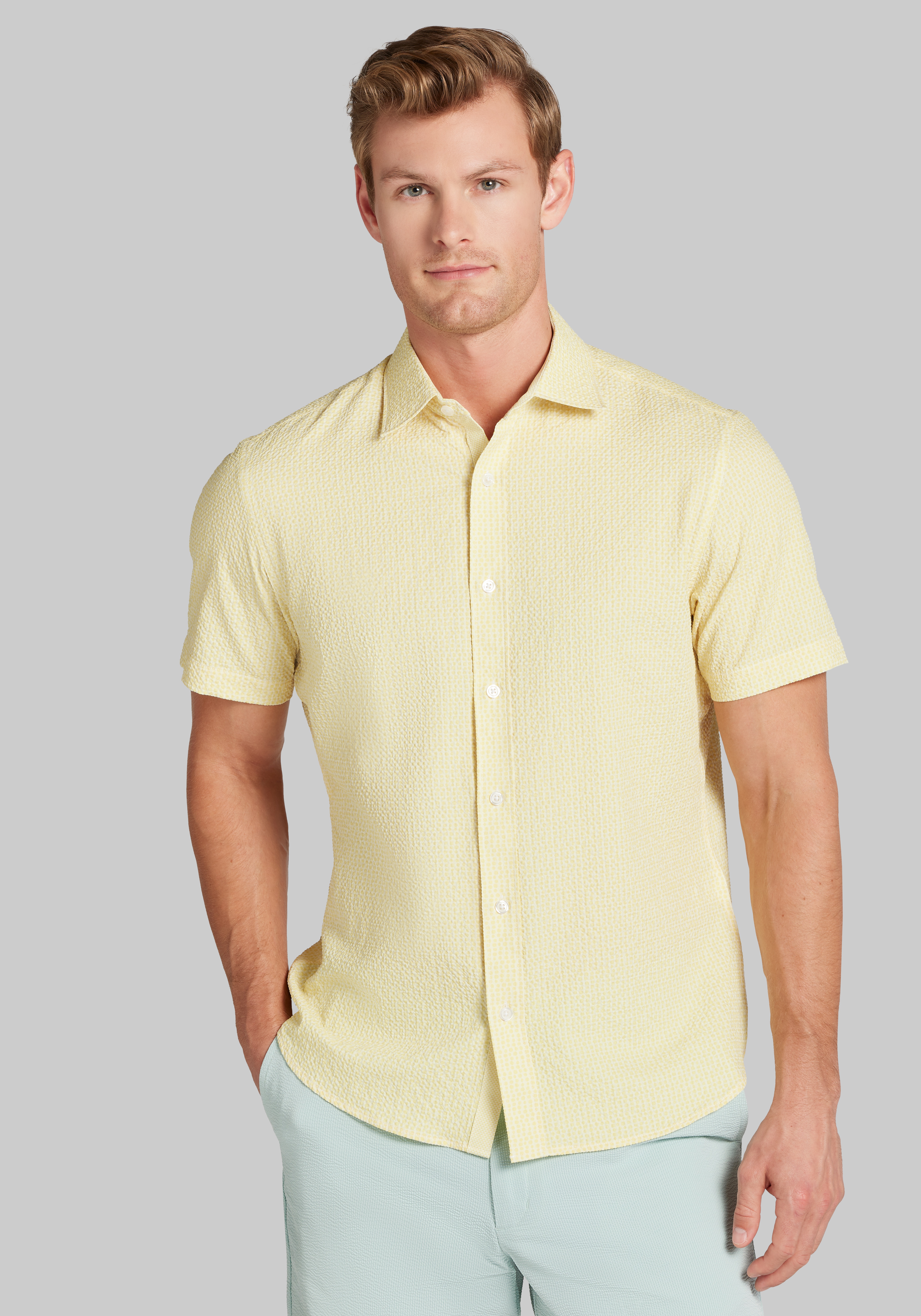 Men's FLYOUT_CATEGORY, Con.Struct Slim Fit Solid Seersucker Short Sleeve Sportshirt - Big & Tall - Jos A Bank
