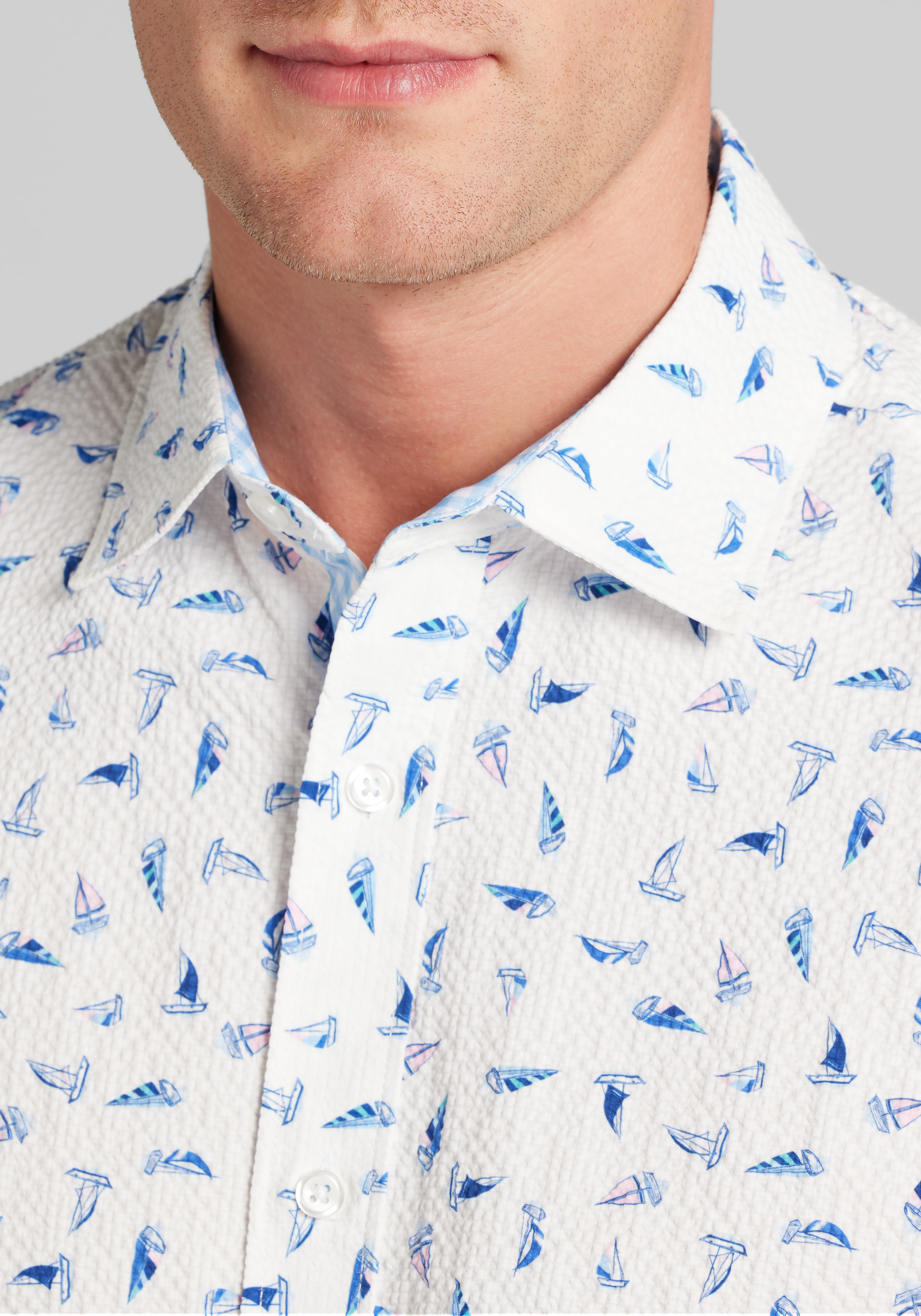 Con.Struct Slim Fit Sailboat Seersucker Short Sleeve Sportshirt