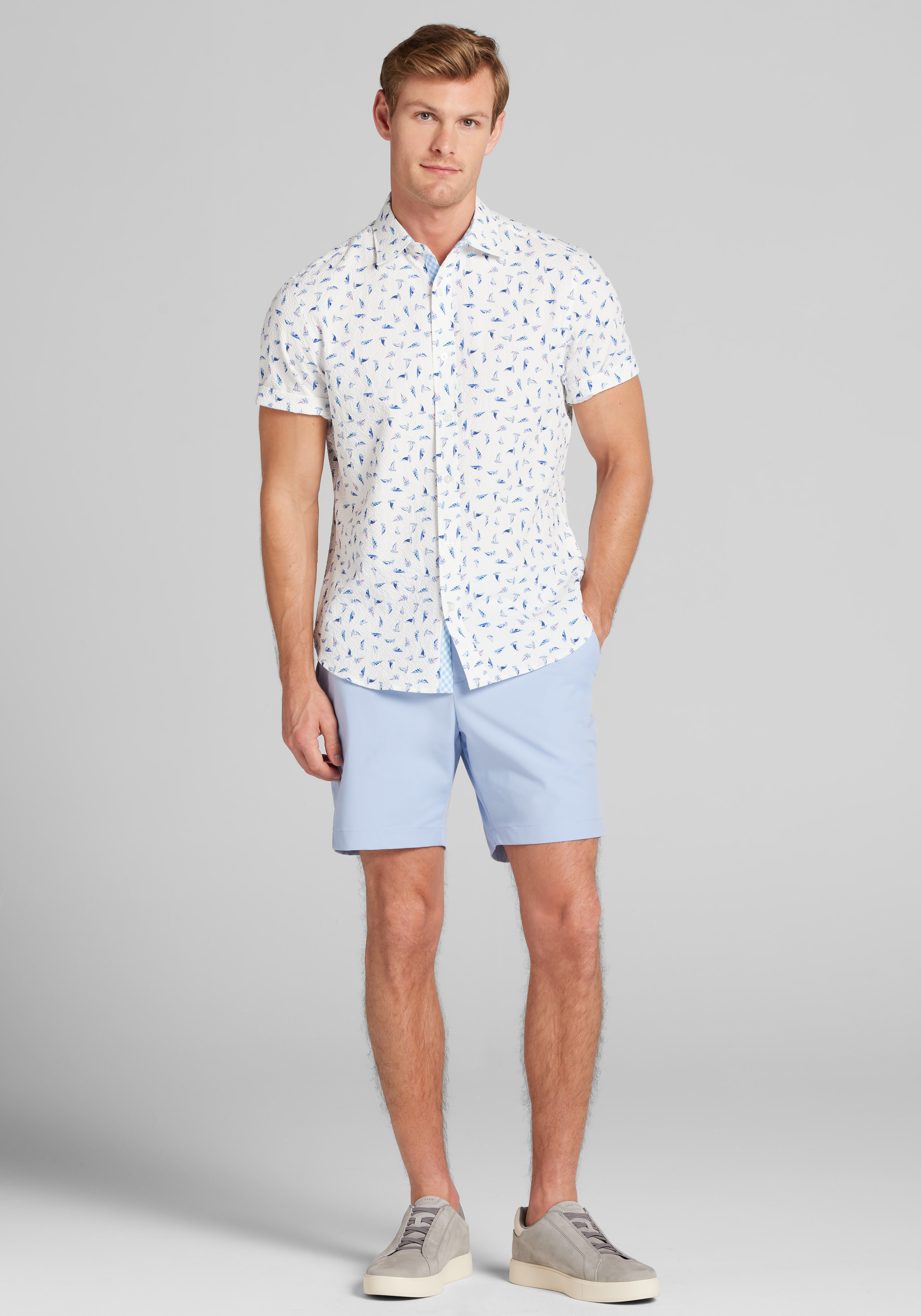 Con.Struct Slim Fit Sailboat Seersucker Short Sleeve Sportshirt