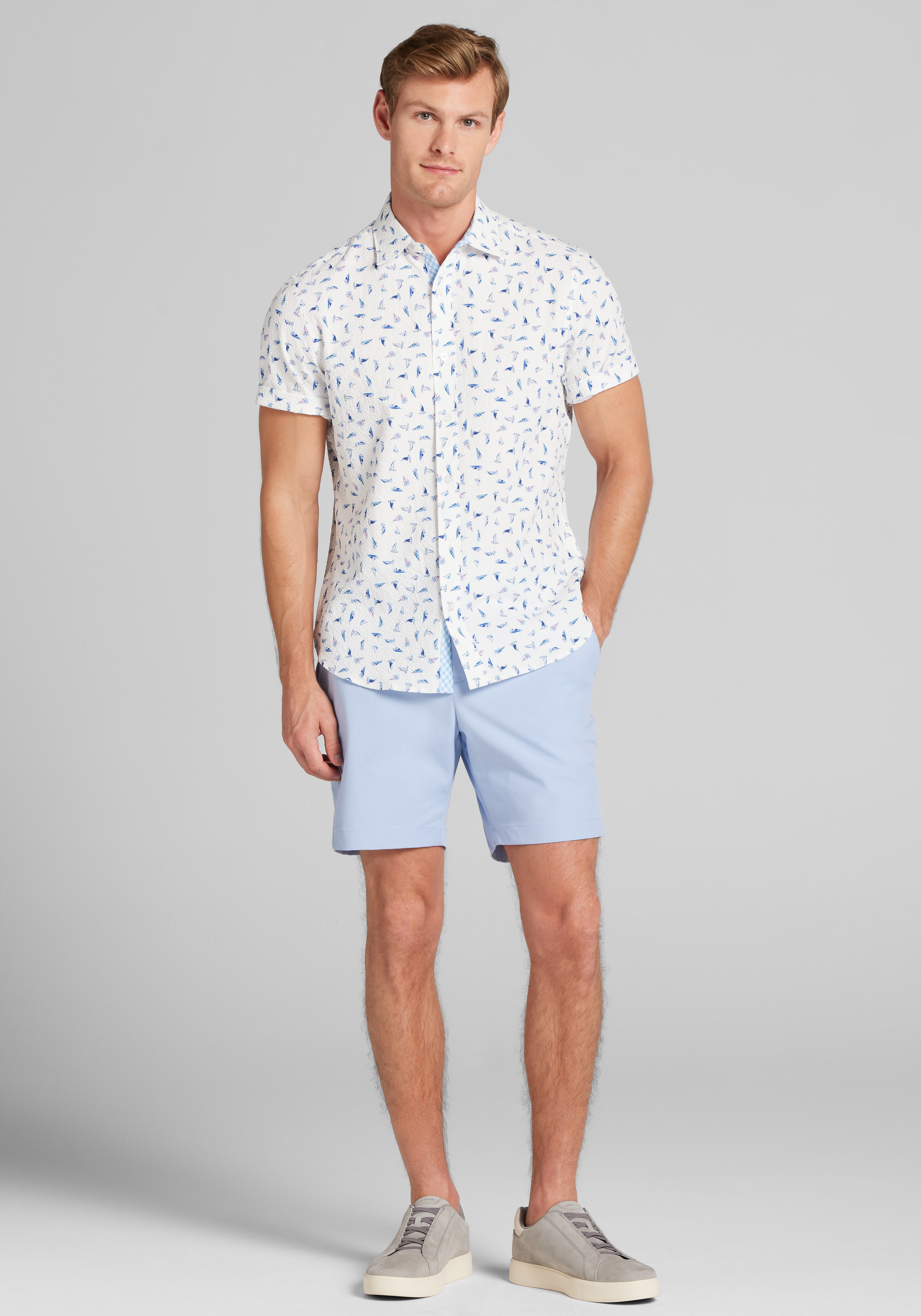 Con.Struct Slim Fit Sailboat Seersucker Short Sleeve Button Up Shirt CLEARANCE