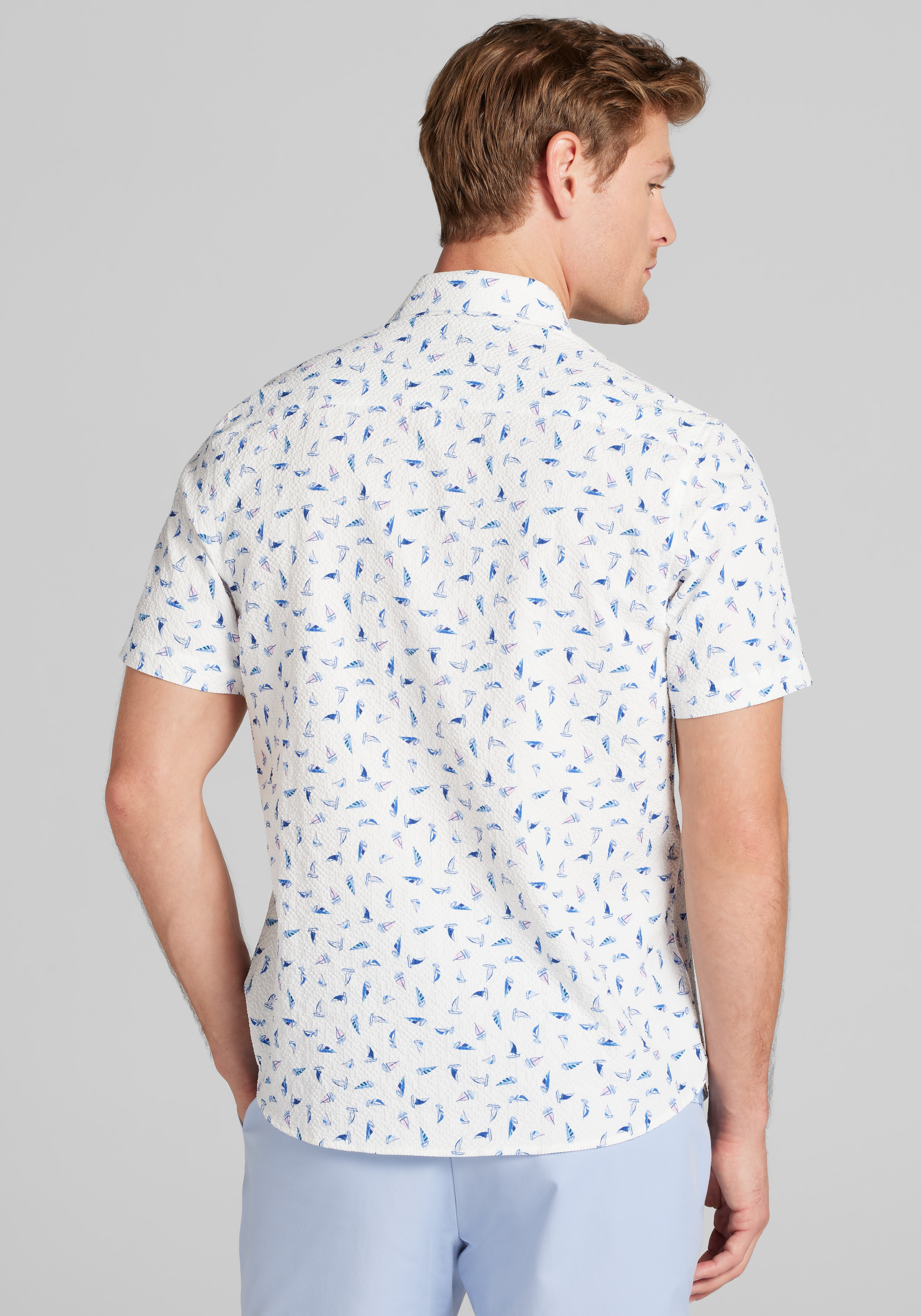 Con.Struct Slim Fit Sailboat Seersucker Short Sleeve Sportshirt