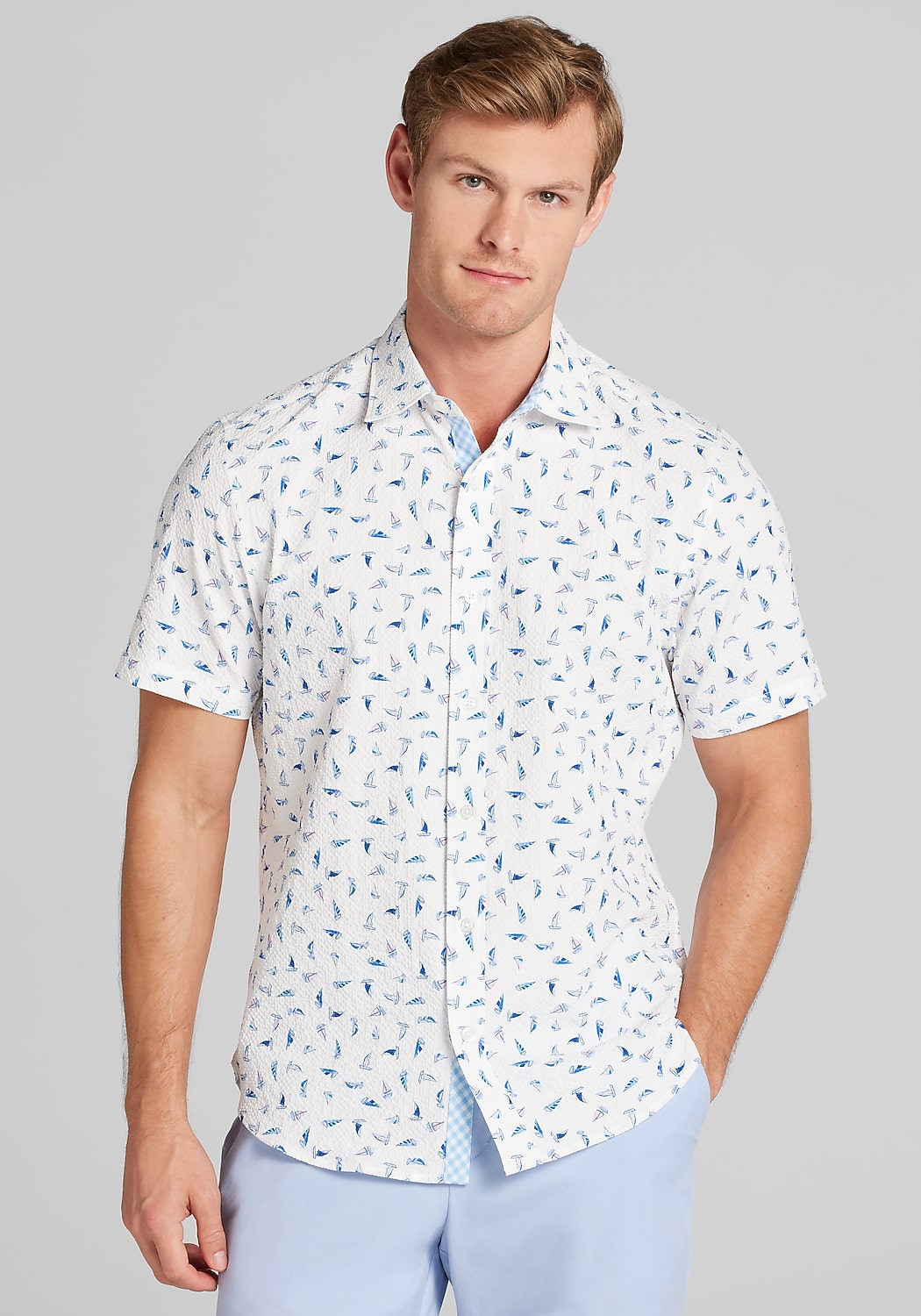 Con.Struct Slim Fit Sailboat Seersucker Short Sleeve Sportshirt - Big & Tall