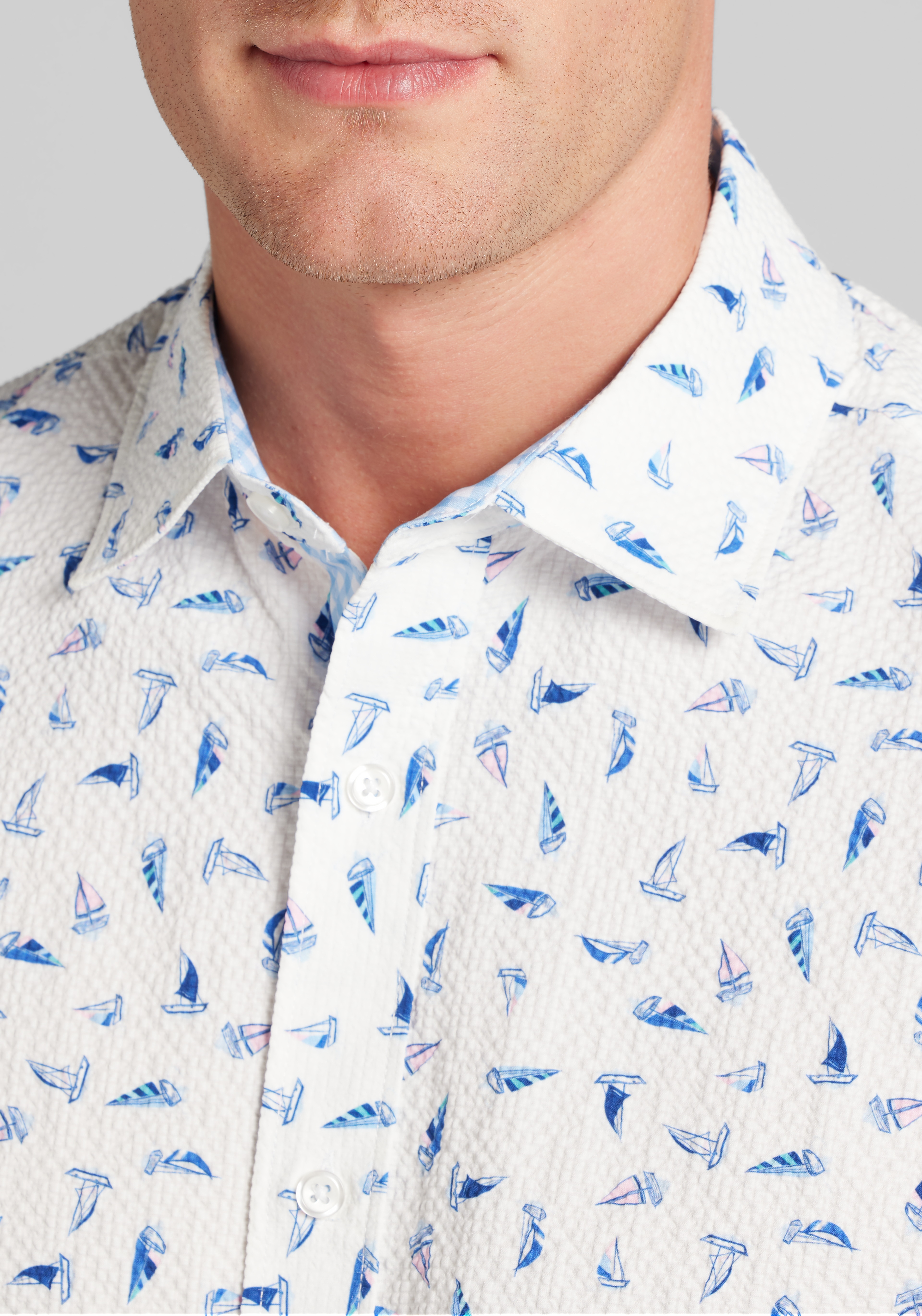Con.Struct Slim Fit Sailboat Seersucker Short Sleeve Button Up Shirt CLEARANCE