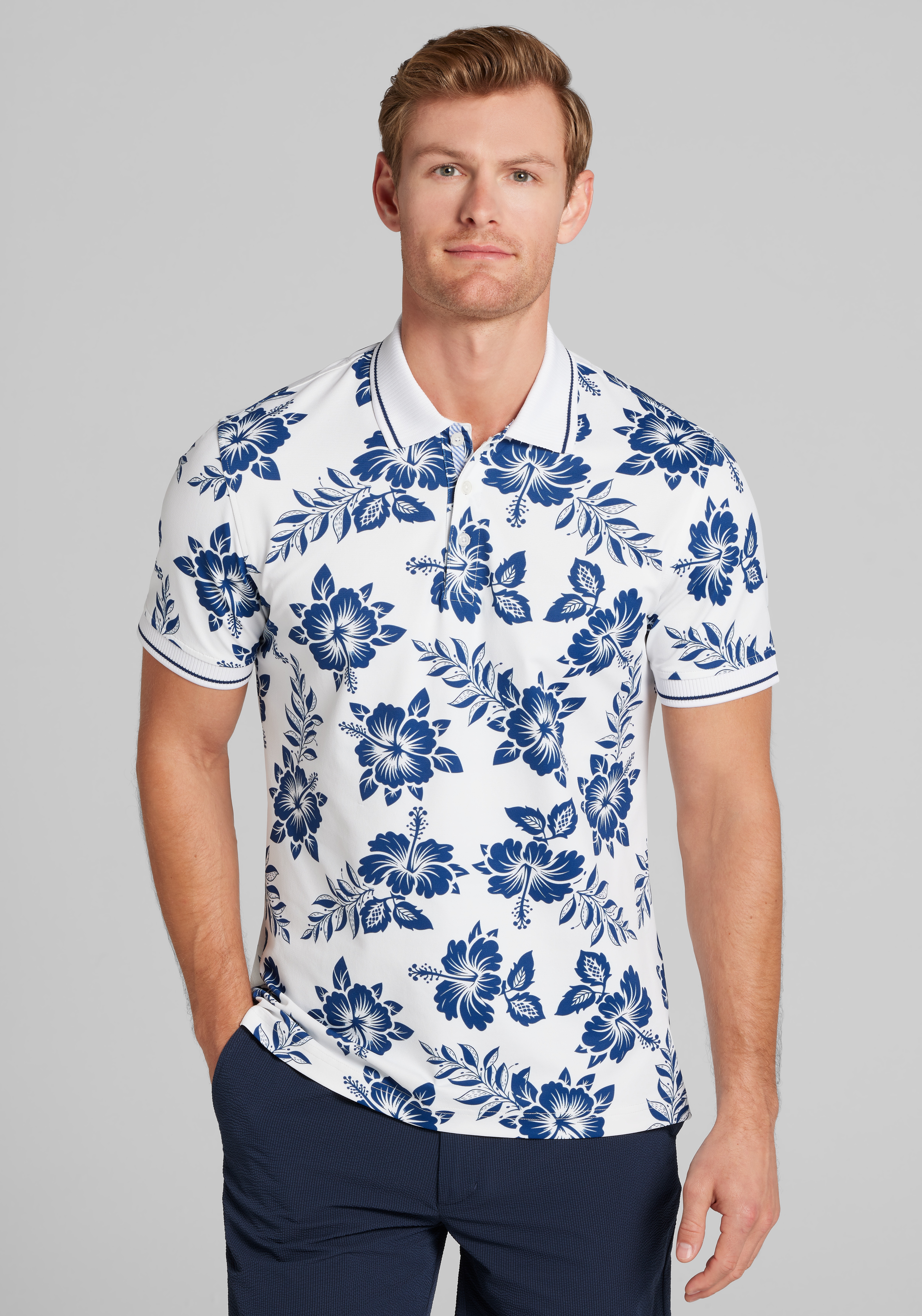 Men's FLYOUT_CATEGORY, Con.Struct Slim Fit Hawaiian Flower Tipped Pique Polo - Big & Tall - Jos A Bank