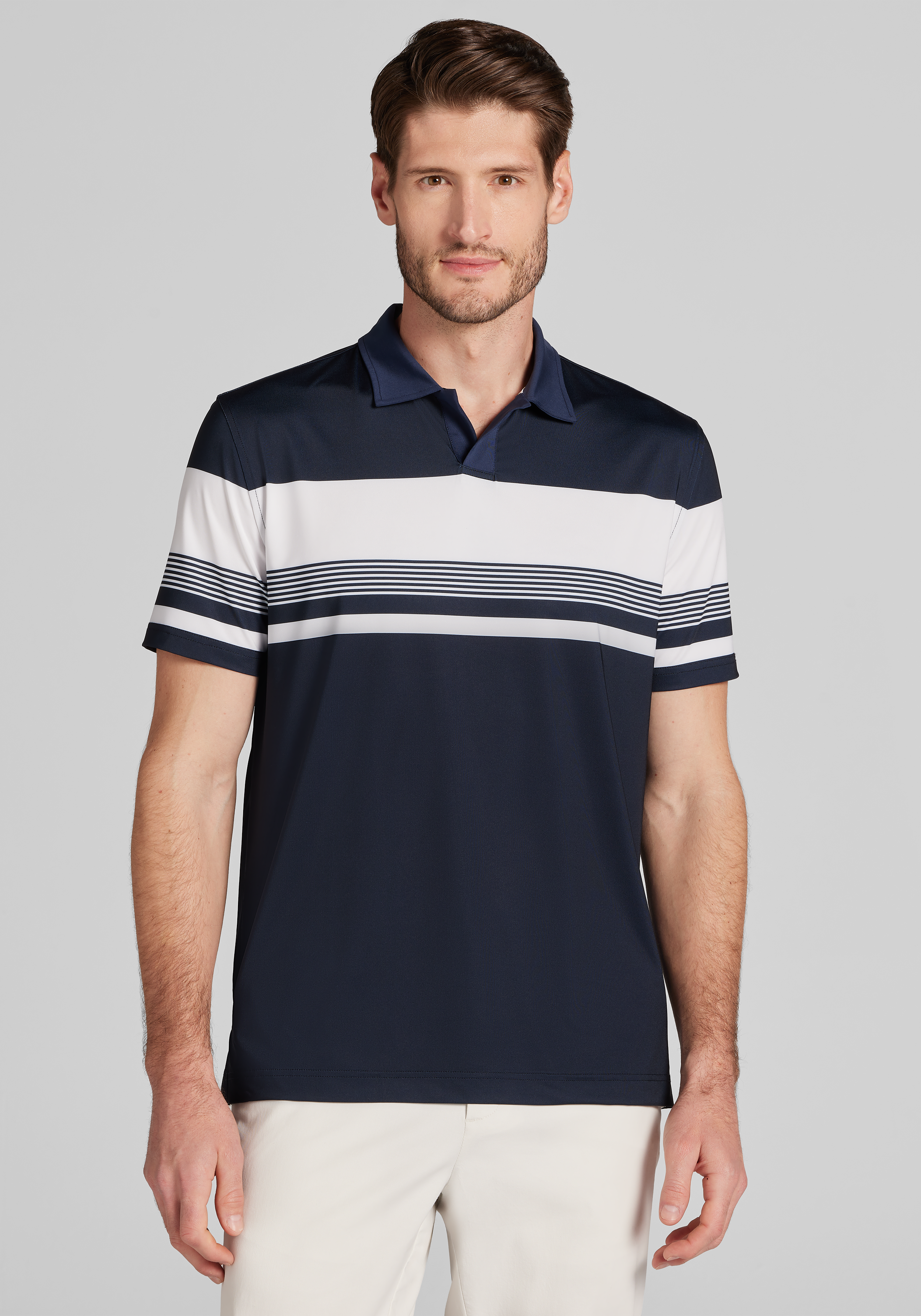 Men's New!, Traveler® Performance Tailored Fit Engineered Stripe Short Sleeve Polo - Jos A Bank