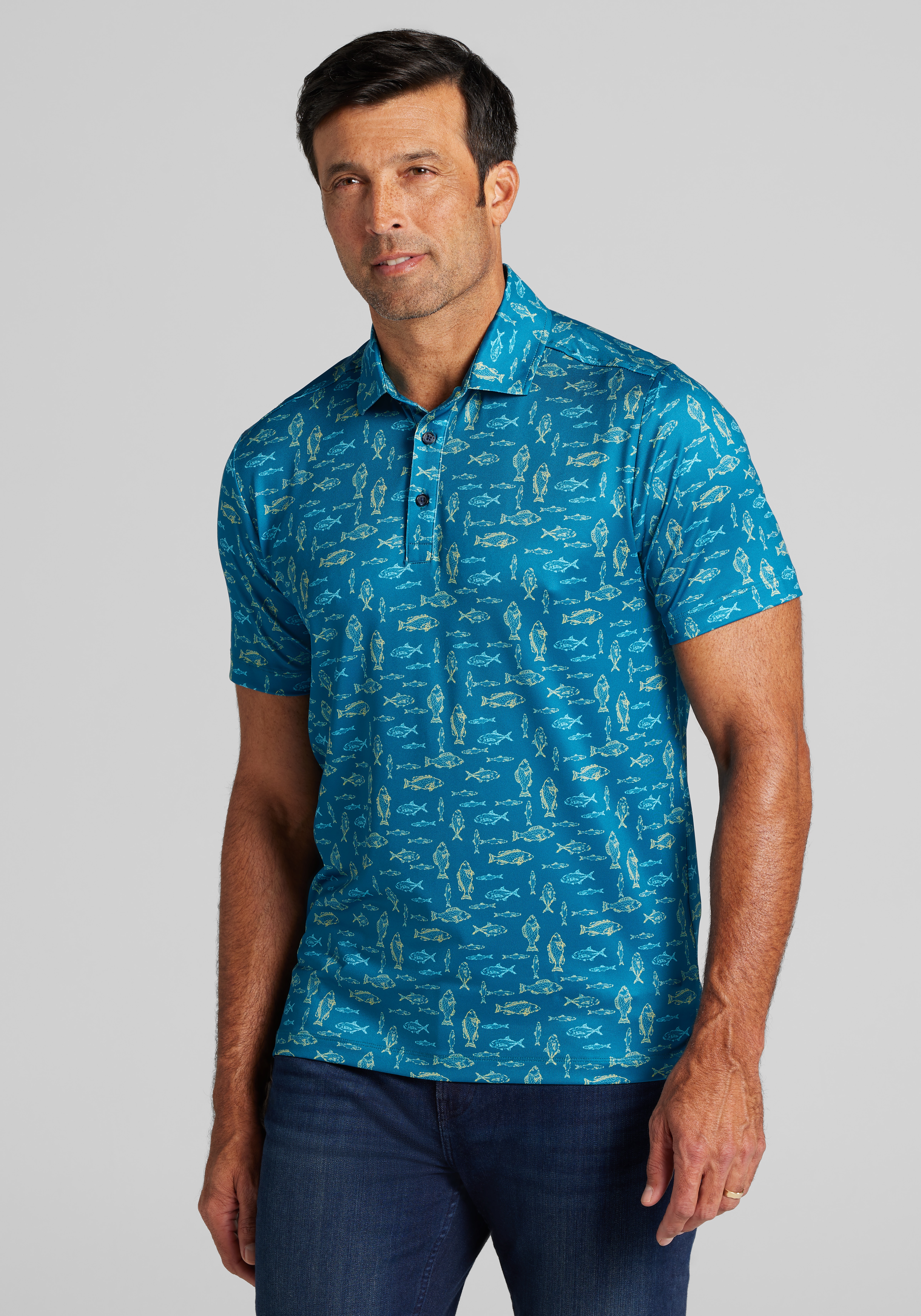 Men's FLYOUT_CATEGORY, Traveler&reg; Performance Tailored Fit Fish Golf Polo - Big & Tall - Jos A Bank