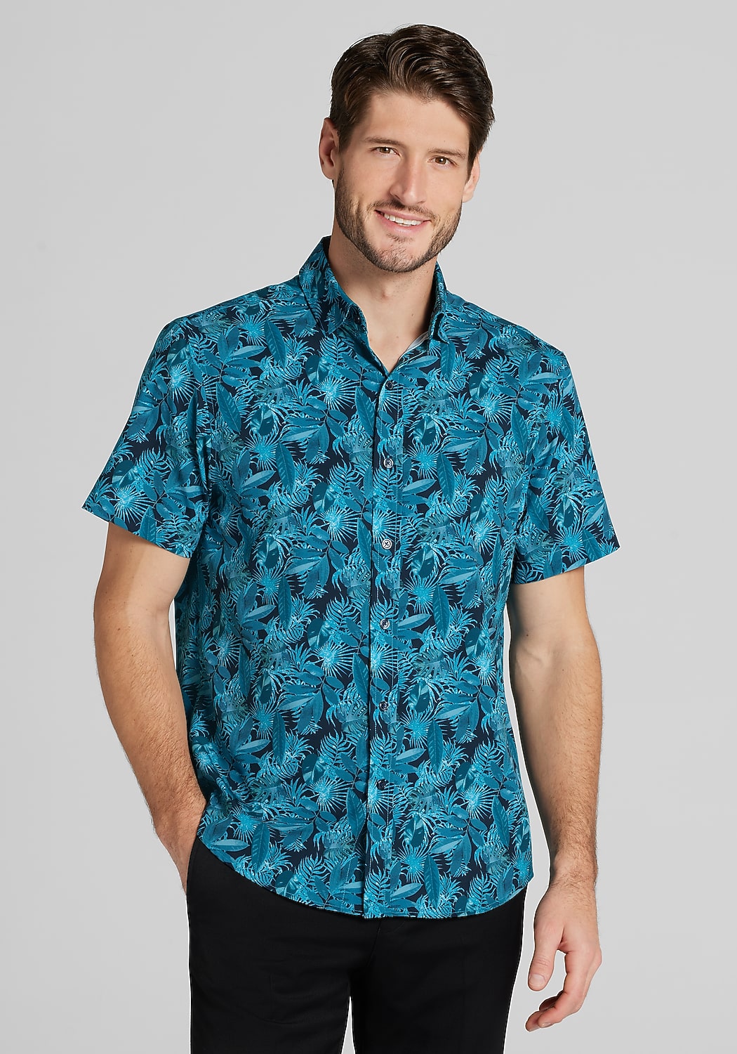 Traveler&reg; COOL<i>MOTION</i> Tailored Fit Deep Sea Palms 4-way Stretch Short Sleeve Sportshirt - Big & Tall