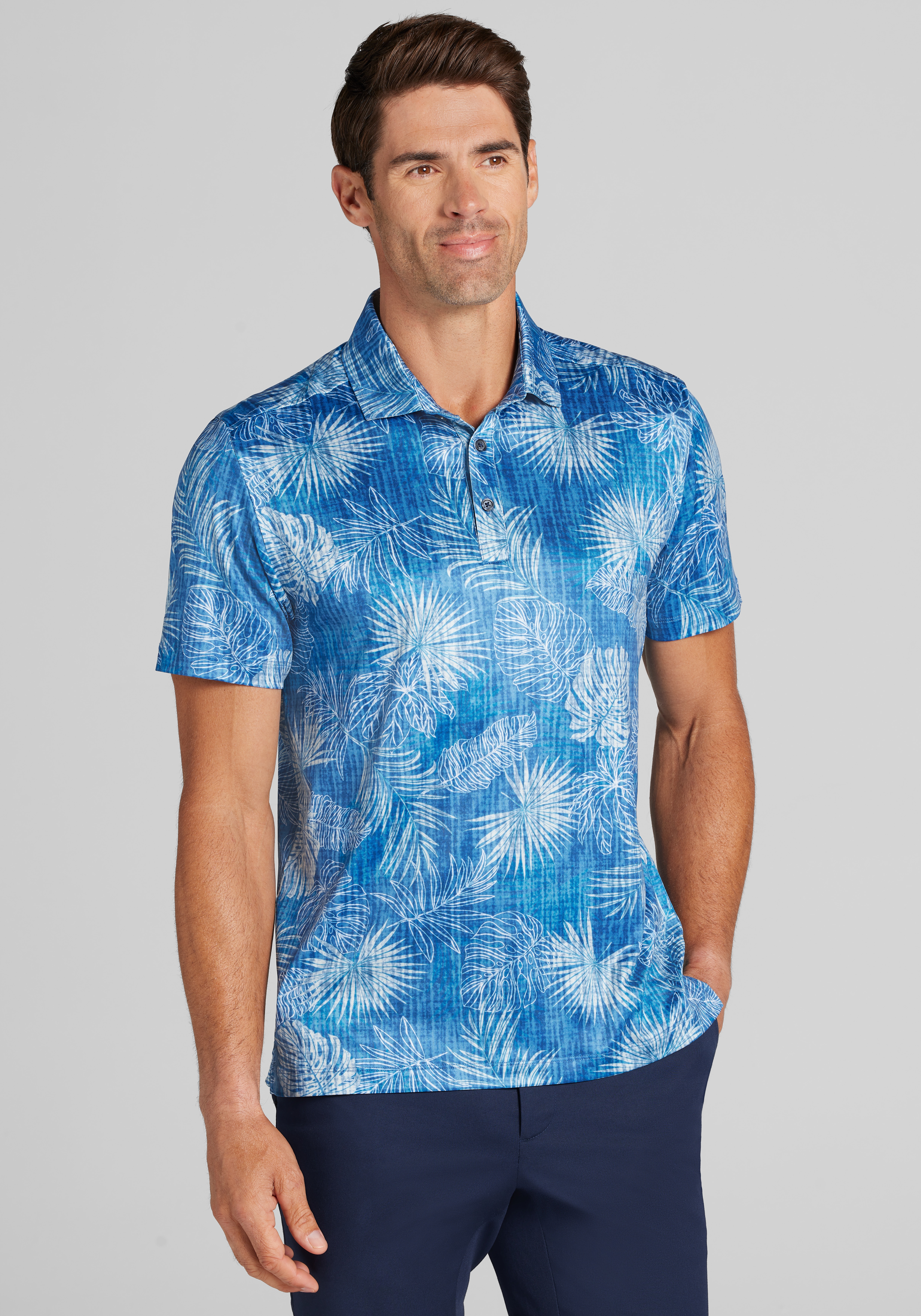 Men's New!, Traveler® Performance Tailored Fit Palm Leaves Polo - Jos A Bank