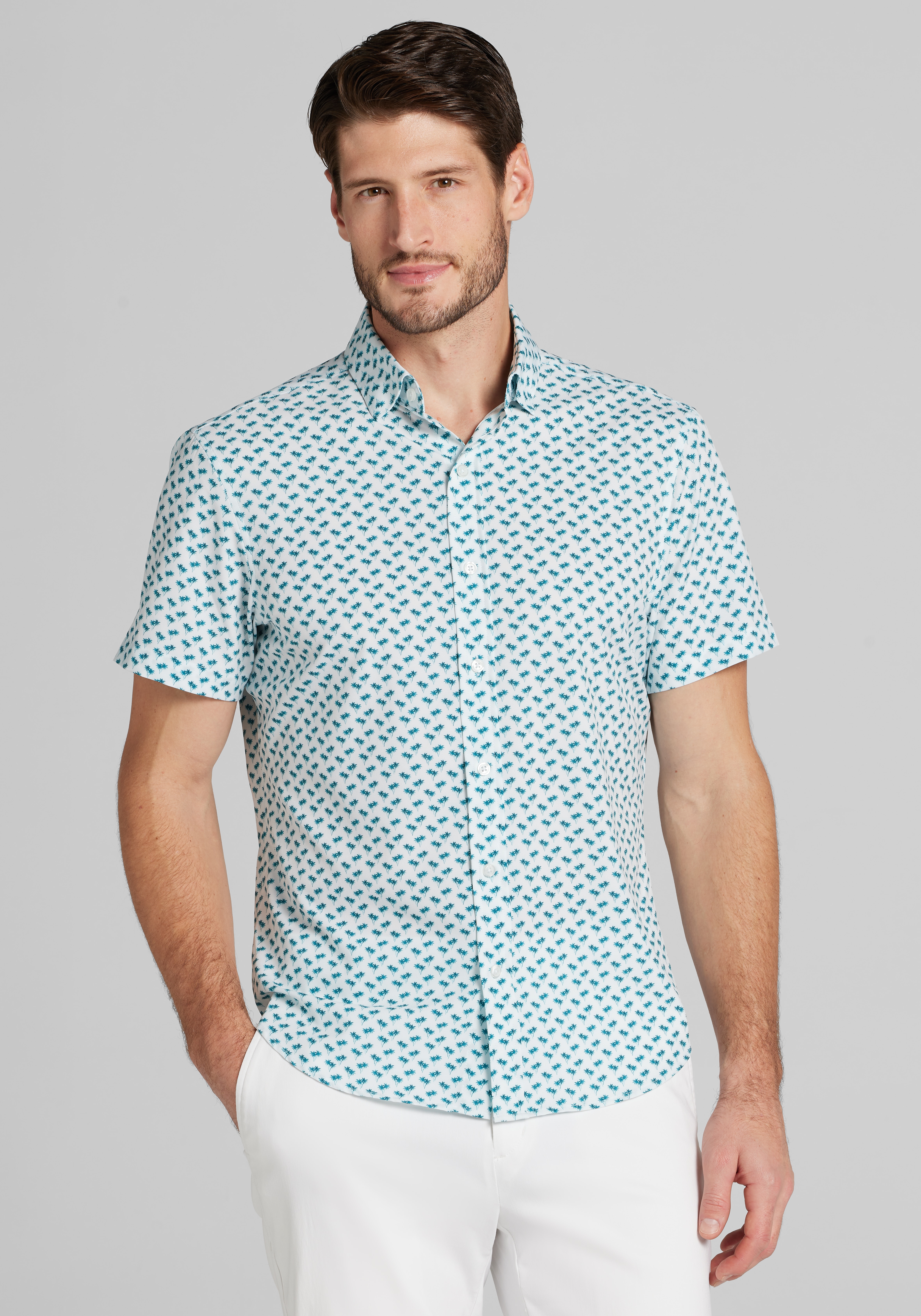 Men's Casual Tops, Traveler&reg; COOL<i>MOTION</i> Tailored Fit Mini Palm Tree 4 Way Stretch Short Sleeve Sportshirt - Jos A Bank