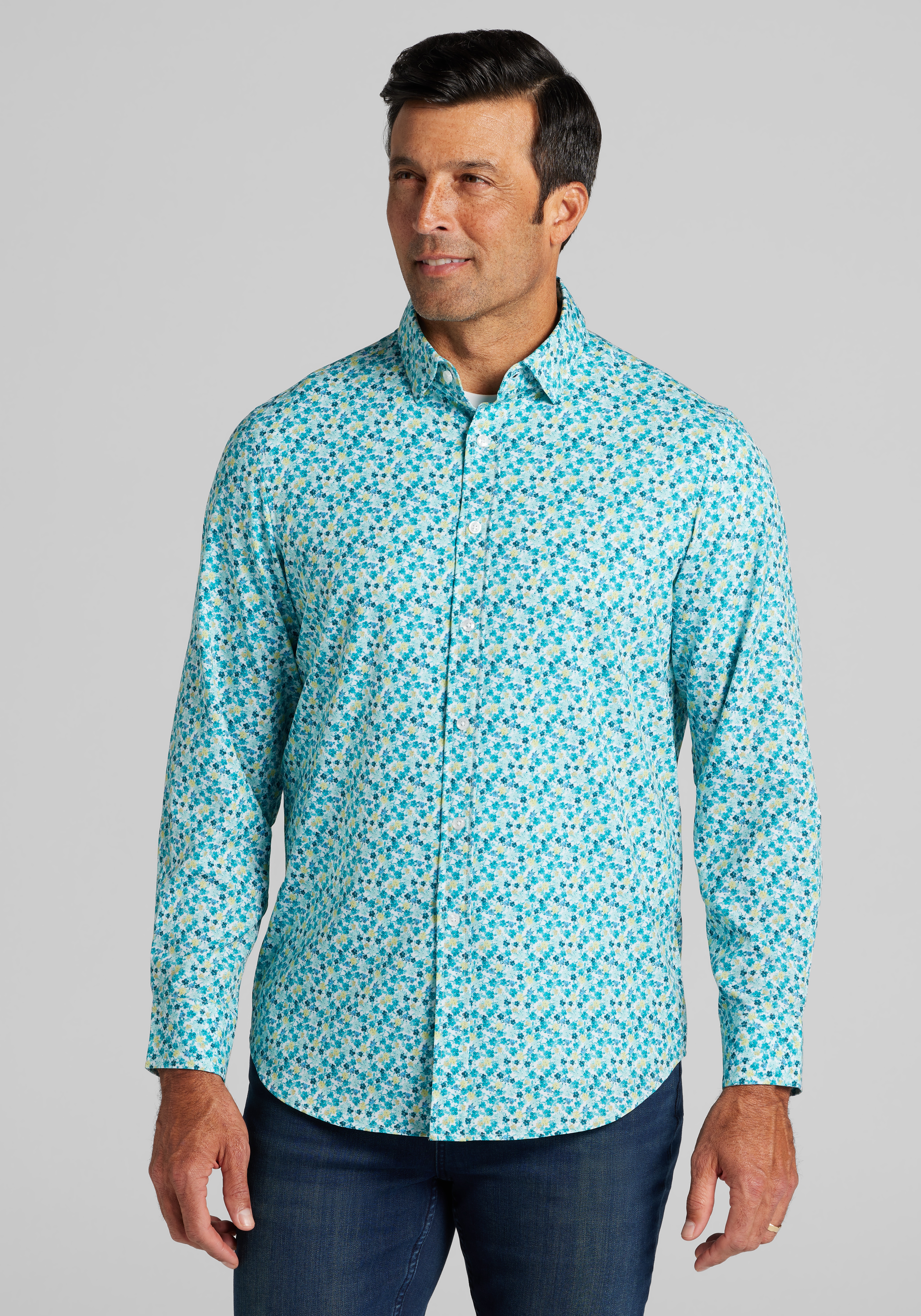 Men's Casual Tops, Traveler&reg; COOL<i>MOTION</i> Tailored Fit Mini Floral Sportshirt - Jos A Bank