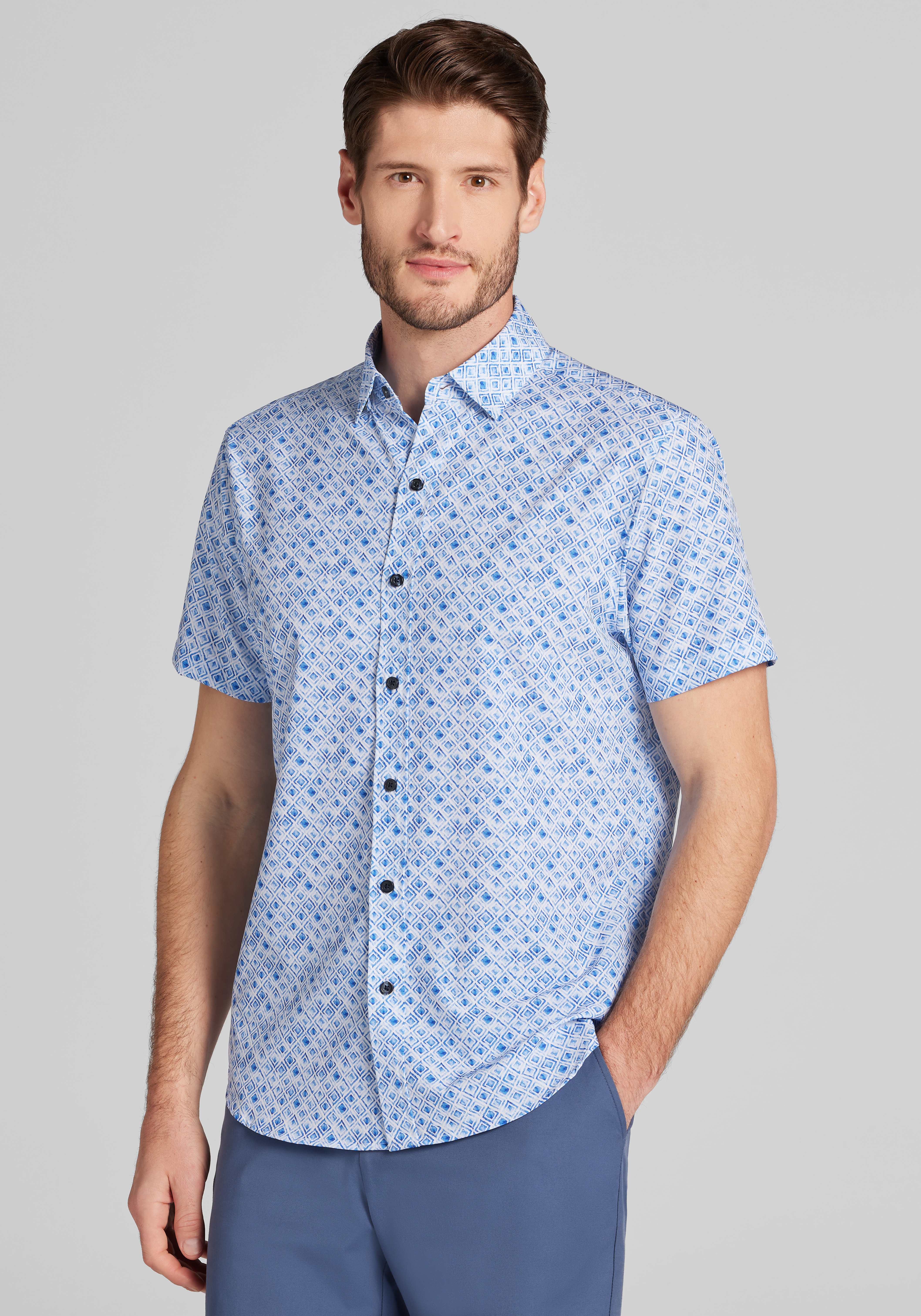 Men's Casual Tops, Traveler&reg; COOL<i>MOTION</i> Tailored Fit Ombre Diamond Short Sleeve Sportshirt - Jos A Bank