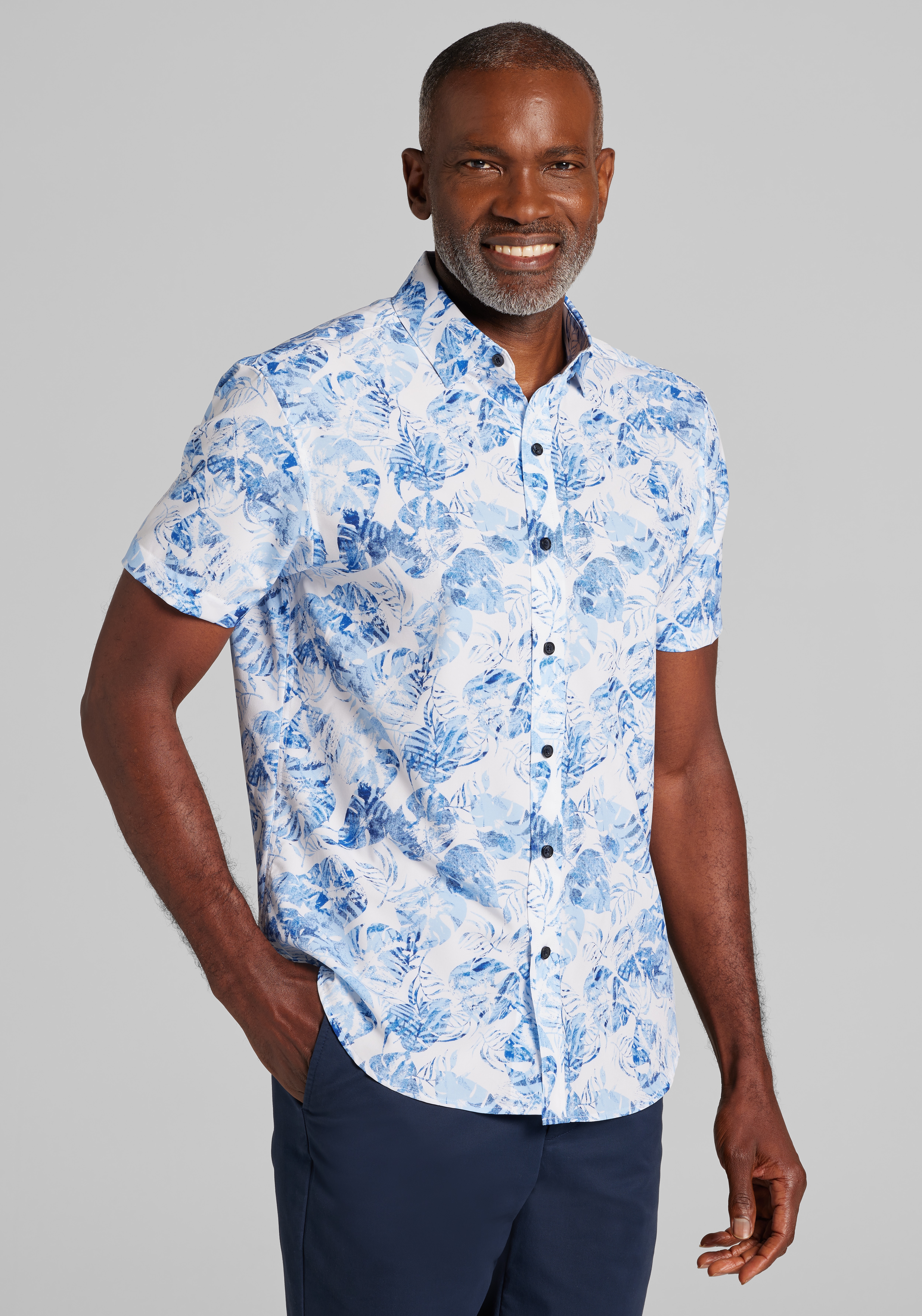 Men's New!, Traveler® COOLMOTION Tailored Fit Faded Palm Leaf 4-Way Stretch Short Sleeve Sportshirt - Jos A Bank