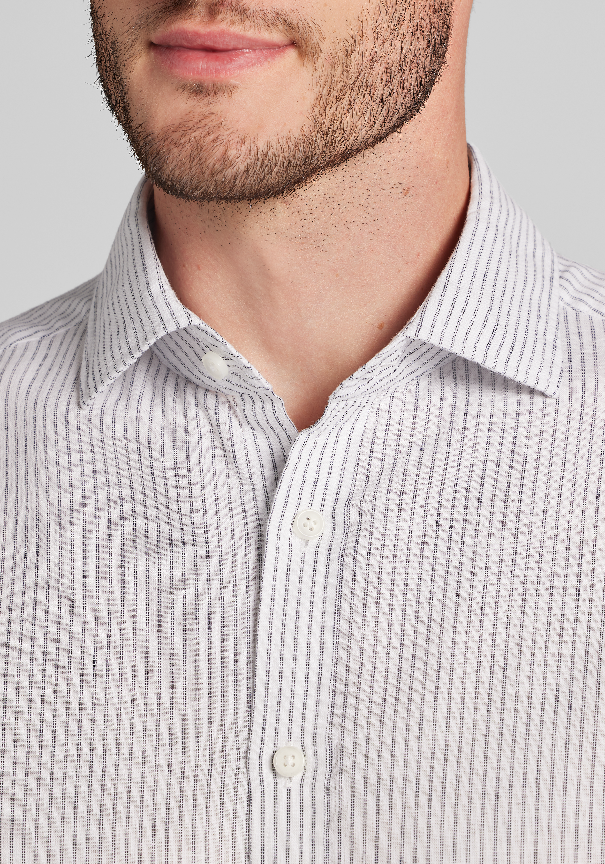 Jos. A. Bank Tailored Fit Chalk Stripe Linen-Cotton Blend Sportshirt