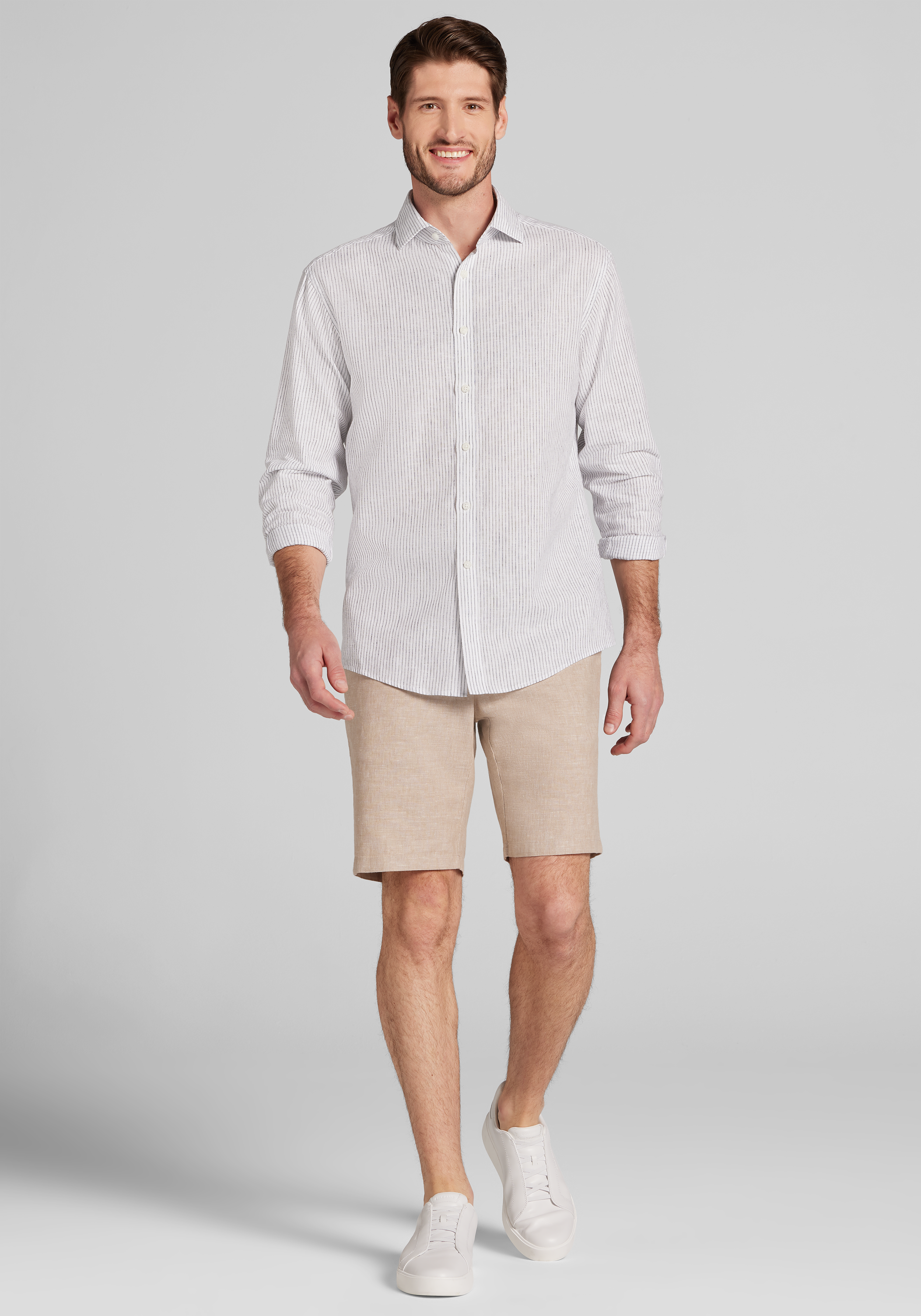 Jos. A. Bank Tailored Fit Chalk Stripe Linen-Cotton Blend Sportshirt