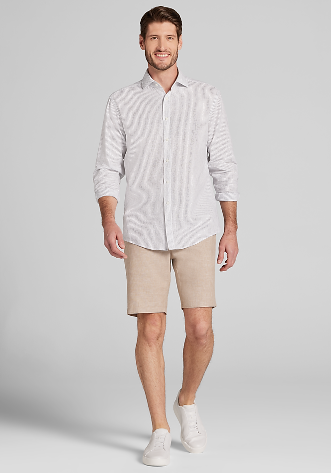 Jos. A. Bank Tailored Fit Chalk Stripe Linen-Cotton Blend Button