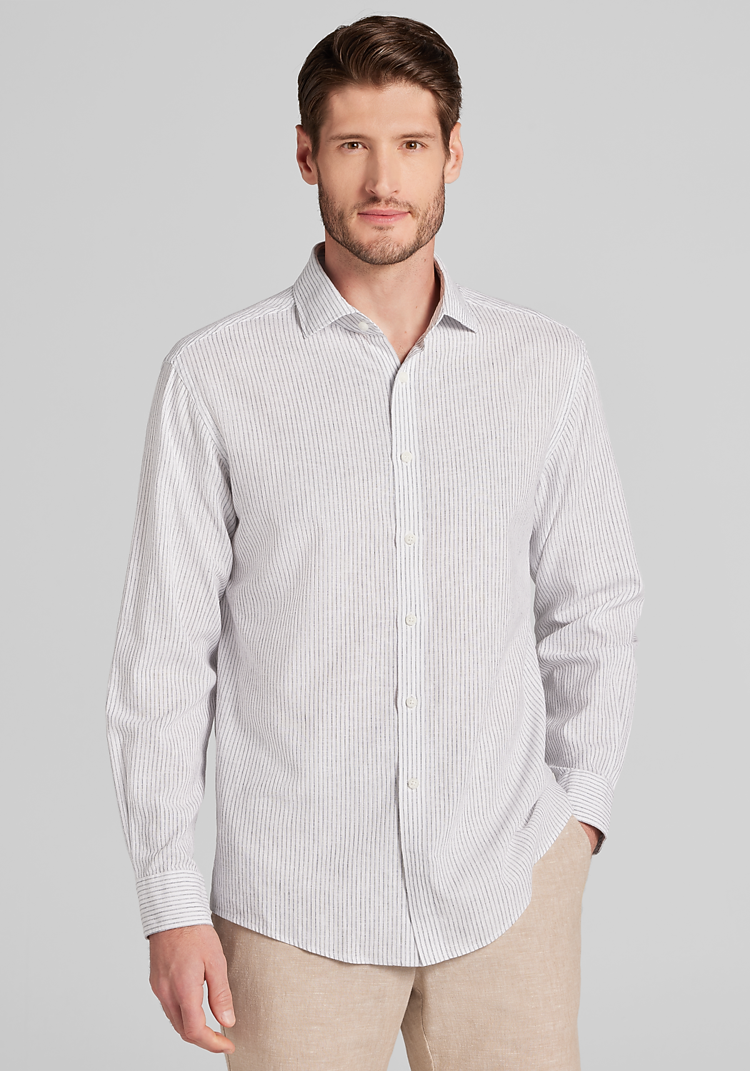 Jos. A. Bank Tailored Fit Chalk Stripe Linen-Cotton Blend Sportshirt - Big & Tall