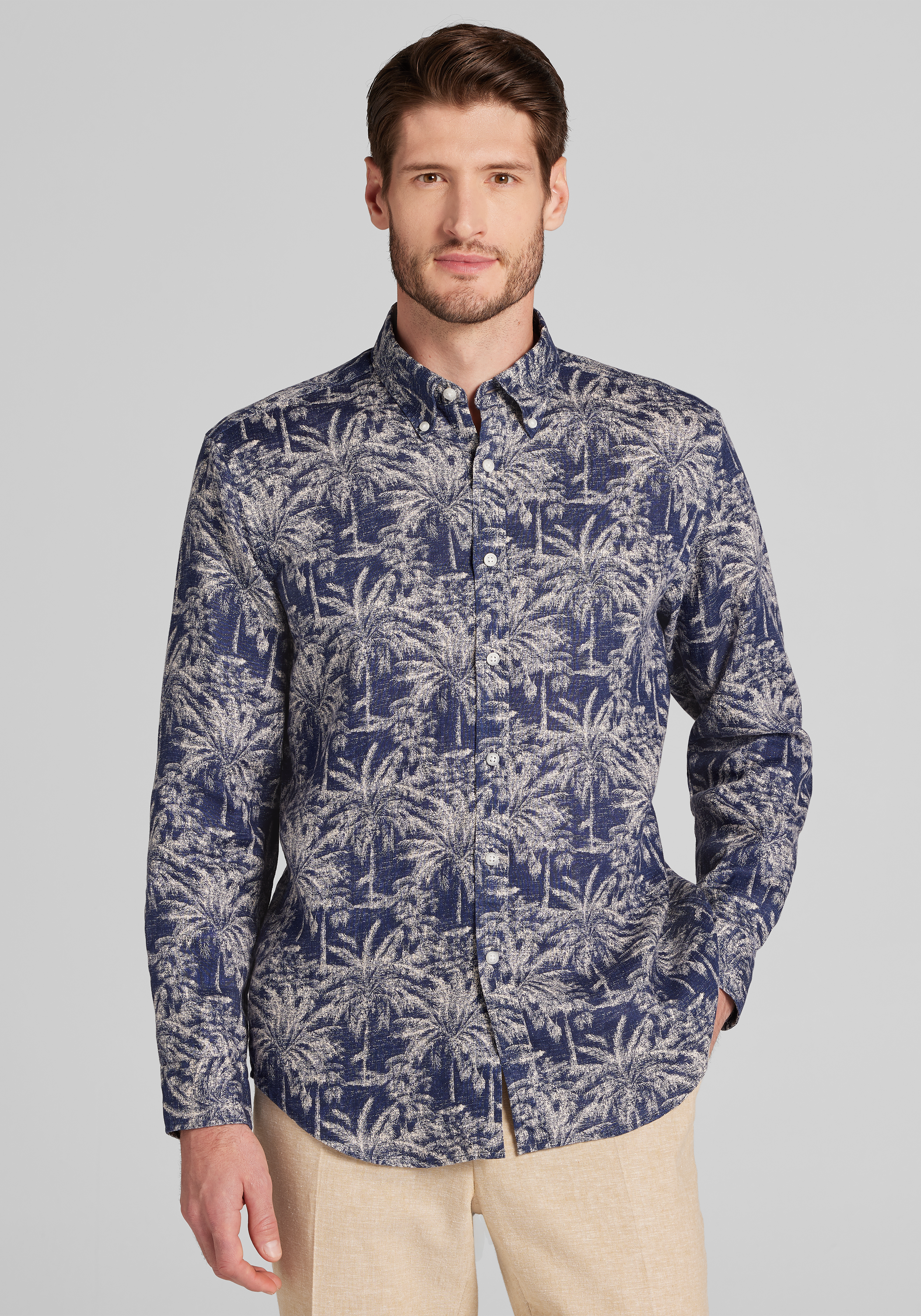 Men's Special Categories, Reserve Collection Tailored Fit Faded Palm Tree Linen Sportshirt - Jos A Bank