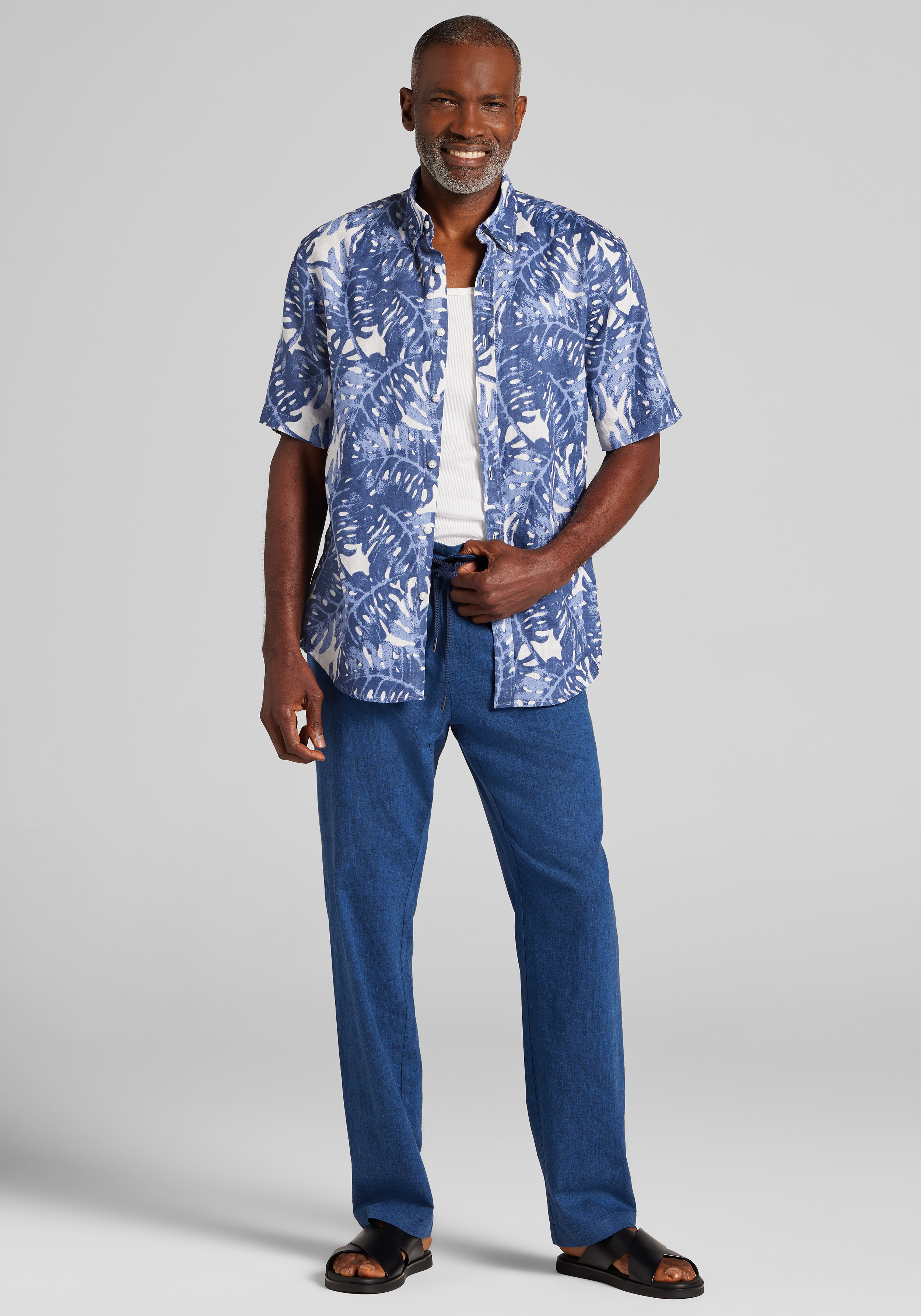 Reserve Collection Tailored Fit Monstera Leaf Linen Short Sleeve Sportshirt