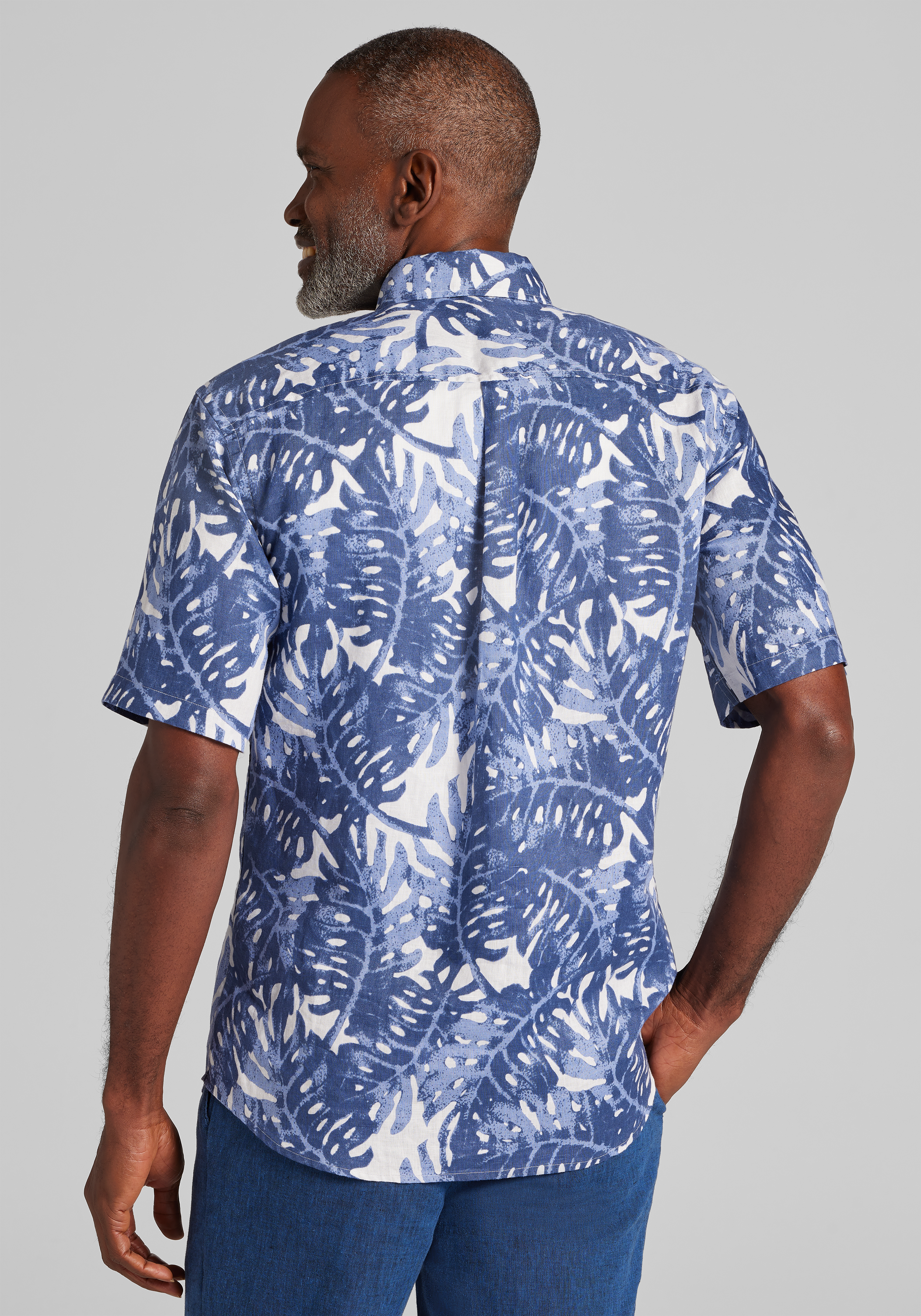 Reserve Collection Tailored Fit Monstera Leaf Linen Short Sleeve Sportshirt