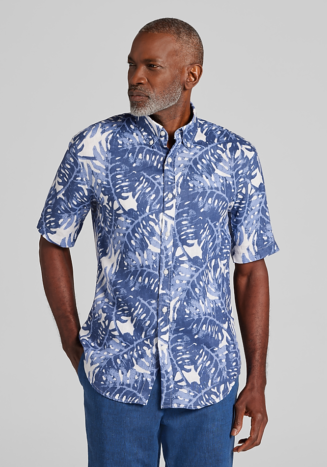 Men's Big & Tall Reserve Collection Tailored Fit Monstera Leaf Linen Short Sleeve Button Up Shirt at Jos. A. Bank, Dark Blue, Size 3 X Big