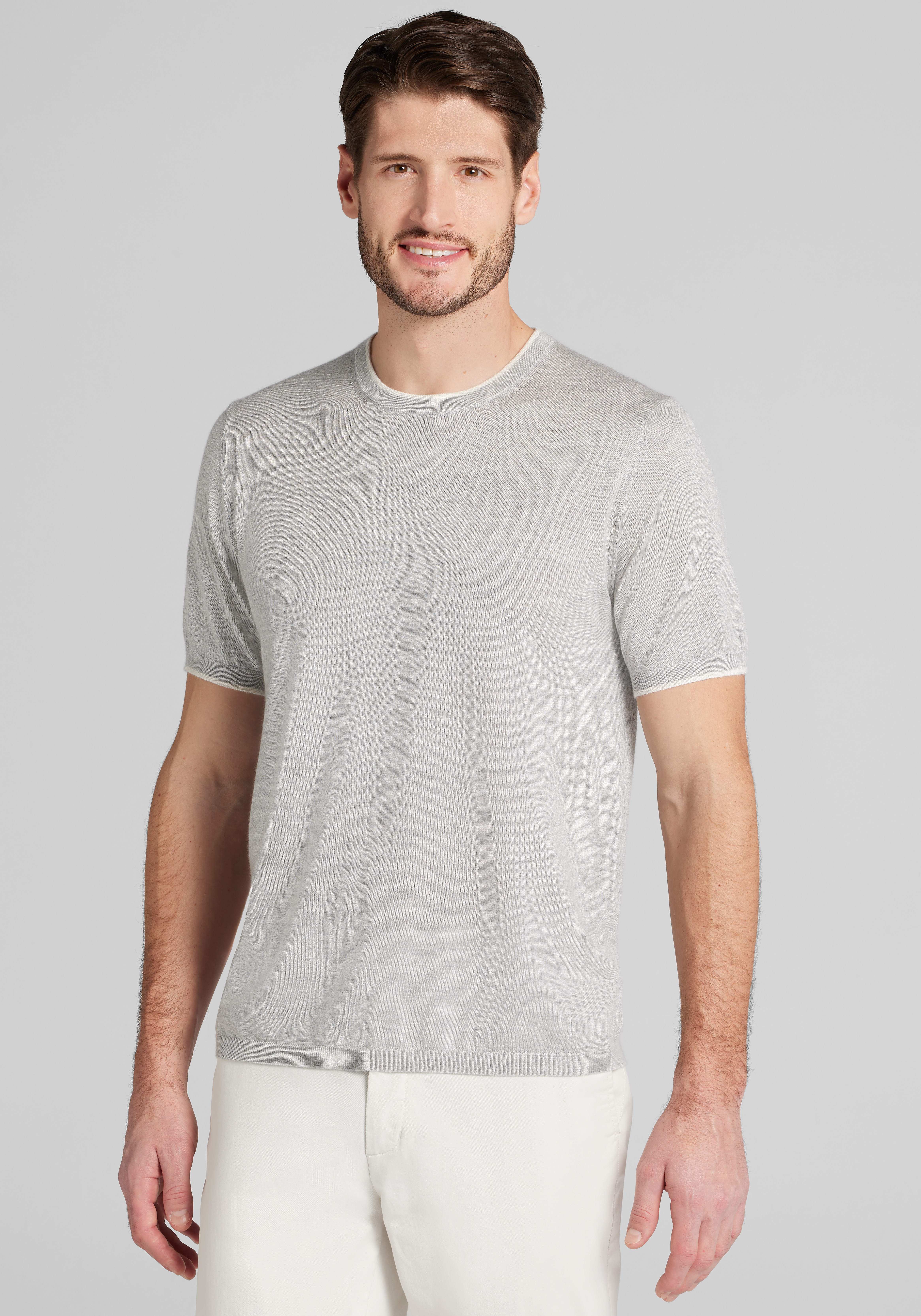 Men's Sweaters, Reserve Collection Tailored Fit Silk-Cashmere Short Sleeve Tipped Crew Neck Sweater - Jos A Bank