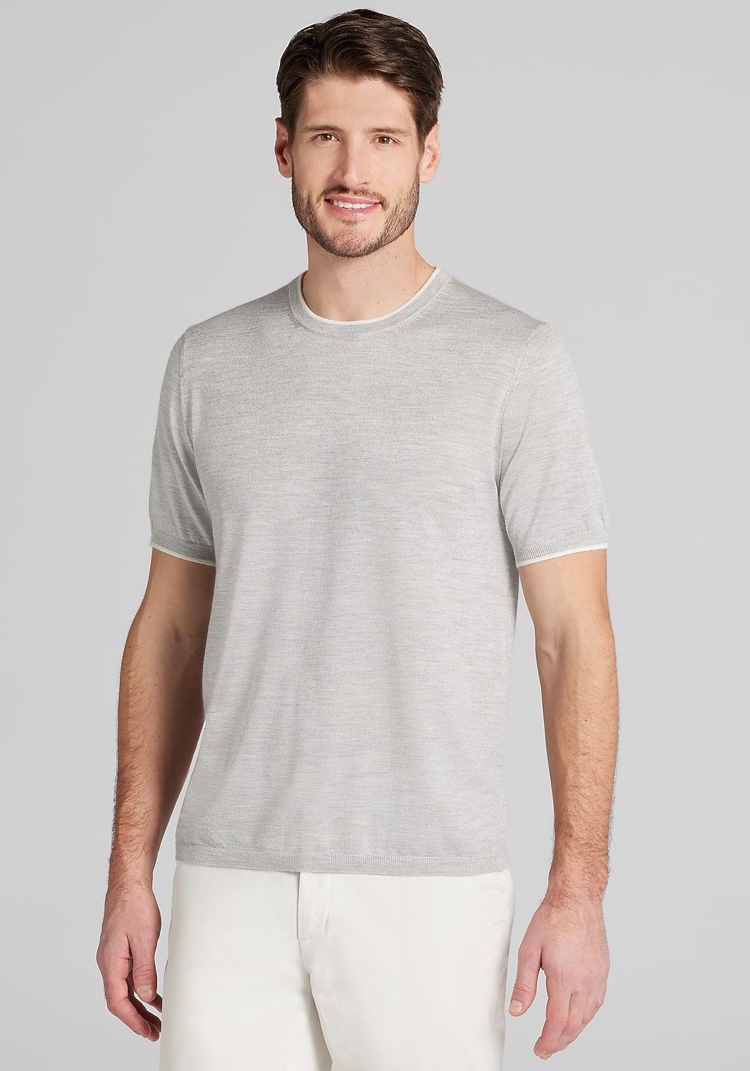 Reserve Collection Tailored Fit Silk-Cashmere Short Sleeve Tipped Crew Neck Sweater