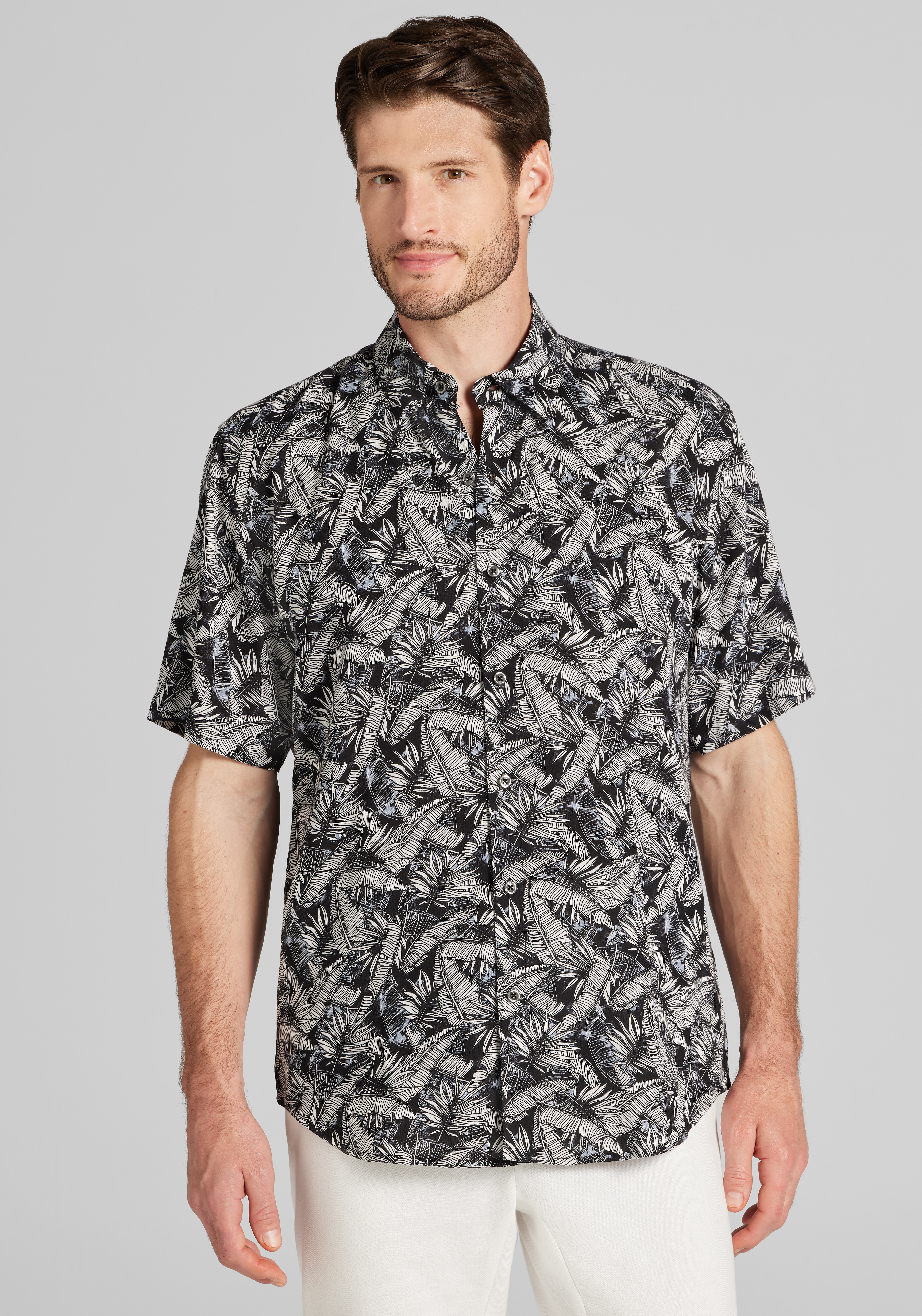 Men's New!, 1905 Collection Tailored Fit All Over Palm Leaf Short Sleeve Sportshirt - Jos A Bank