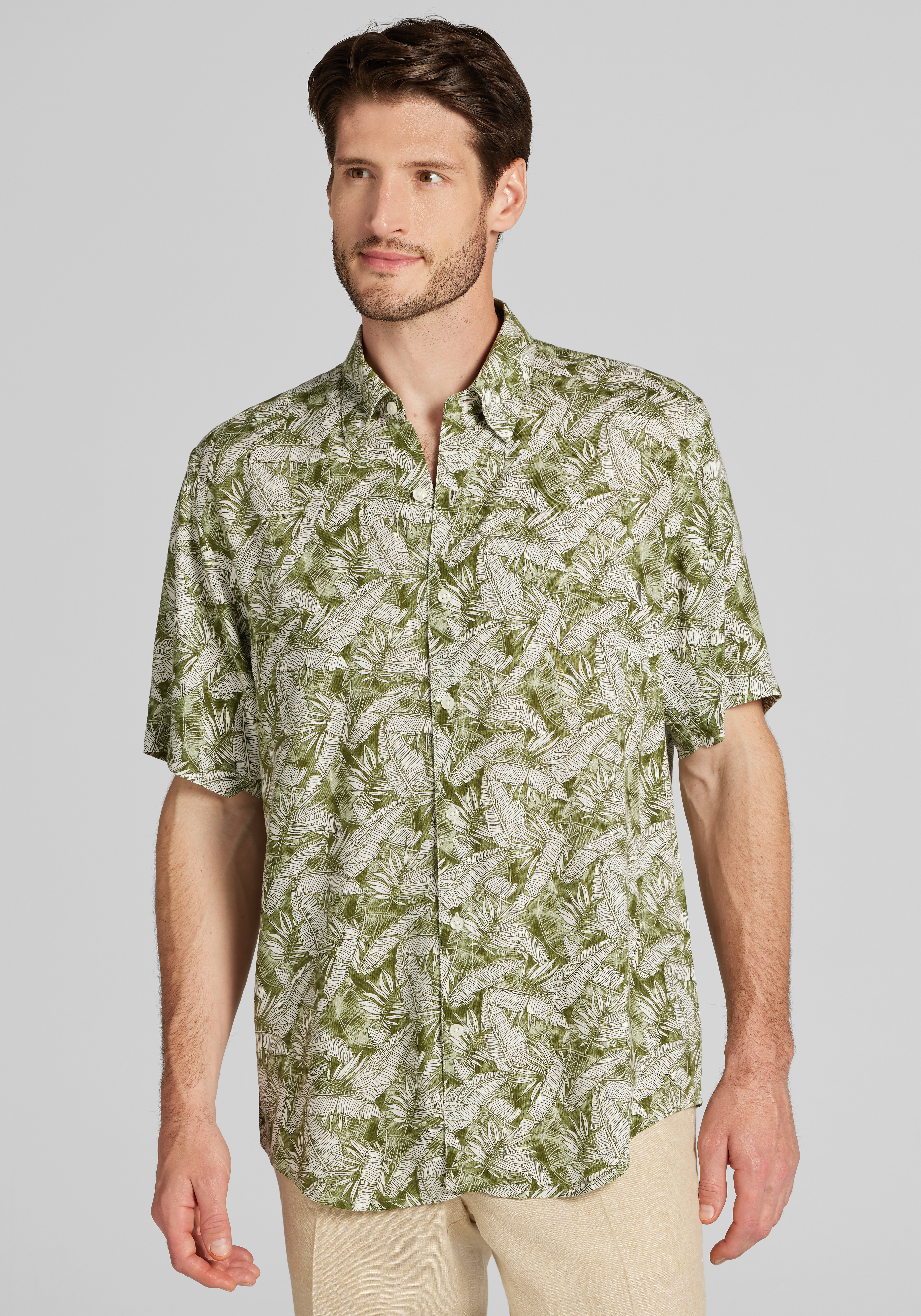 Men's Sale & Clearance, 1905 Collection Tailored Fit All Over Palm Leaf Short Sleeve Sportshirt - Jos A Bank