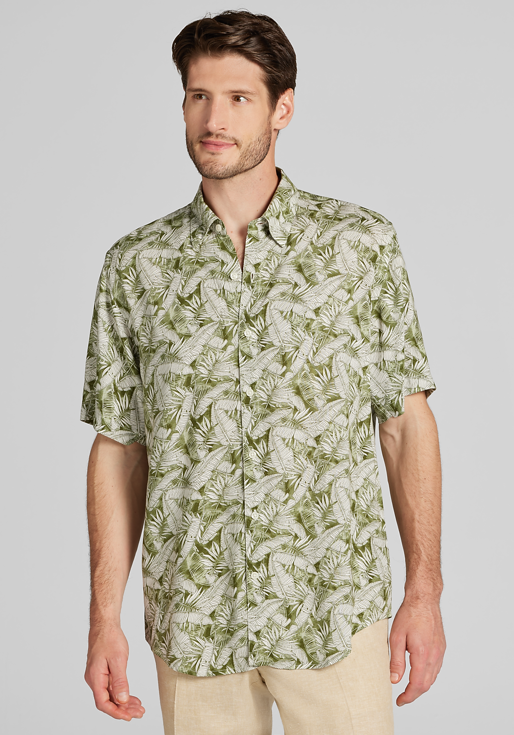 1905 Collection Tailored Fit All Over Palm Leaf Short Sleeve Sportshirt - Big & Tall